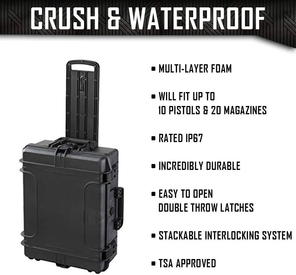 10 Pistol 20 Magazine Hard Case, DORO Wheeled Gun Case with MyCaseBuilder Custom Foam Insert - Waterproof, Heavy Duty - Tactical Gun/Firearm and Ammunition Holder, 21 x 15.87 x 7.25 Inch, Black