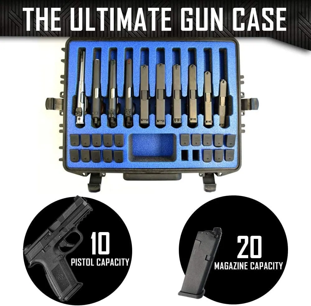 10 Pistol 20 Magazine Hard Case, DORO Wheeled Gun Case with MyCaseBuilder Custom Foam Insert - Waterproof, Heavy Duty - Tactical Gun/Firearm and Ammunition Holder, 21 x 15.87 x 7.25 Inch, Black