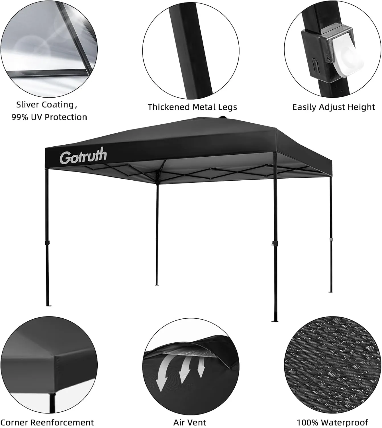 10x10 Pop Up Canopy, Tent Instant Portable Shelter with Vent, Adjustable Straight Leg Heights with Wheeled Bag, 4 Sandbags, for Commercial Events, Parties, Beach, Outdoor Camping - Black