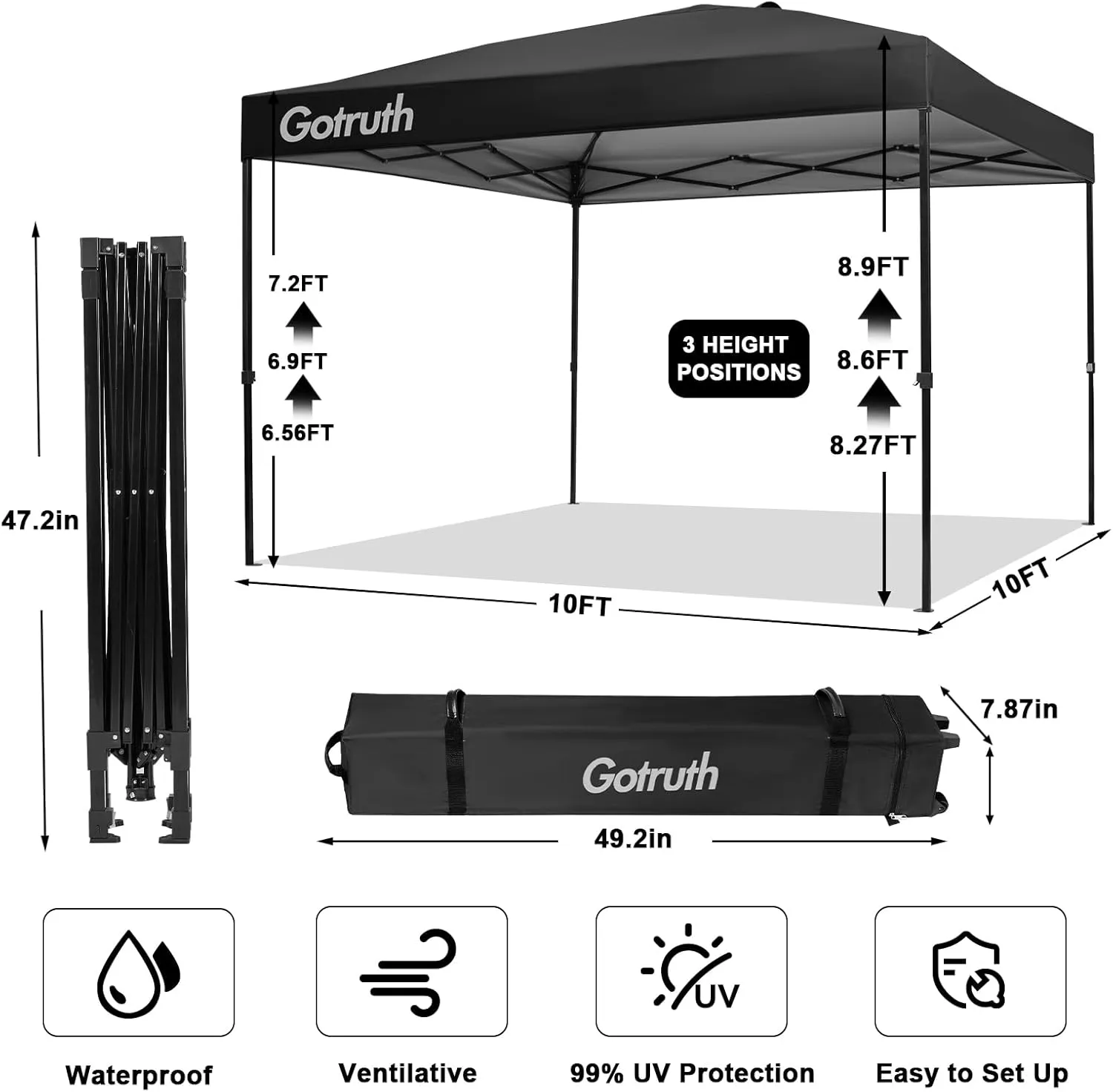 10x10 Pop Up Canopy, Tent Instant Portable Shelter with Vent, Adjustable Straight Leg Heights with Wheeled Bag, 4 Sandbags, for Commercial Events, Parties, Beach, Outdoor Camping - Black