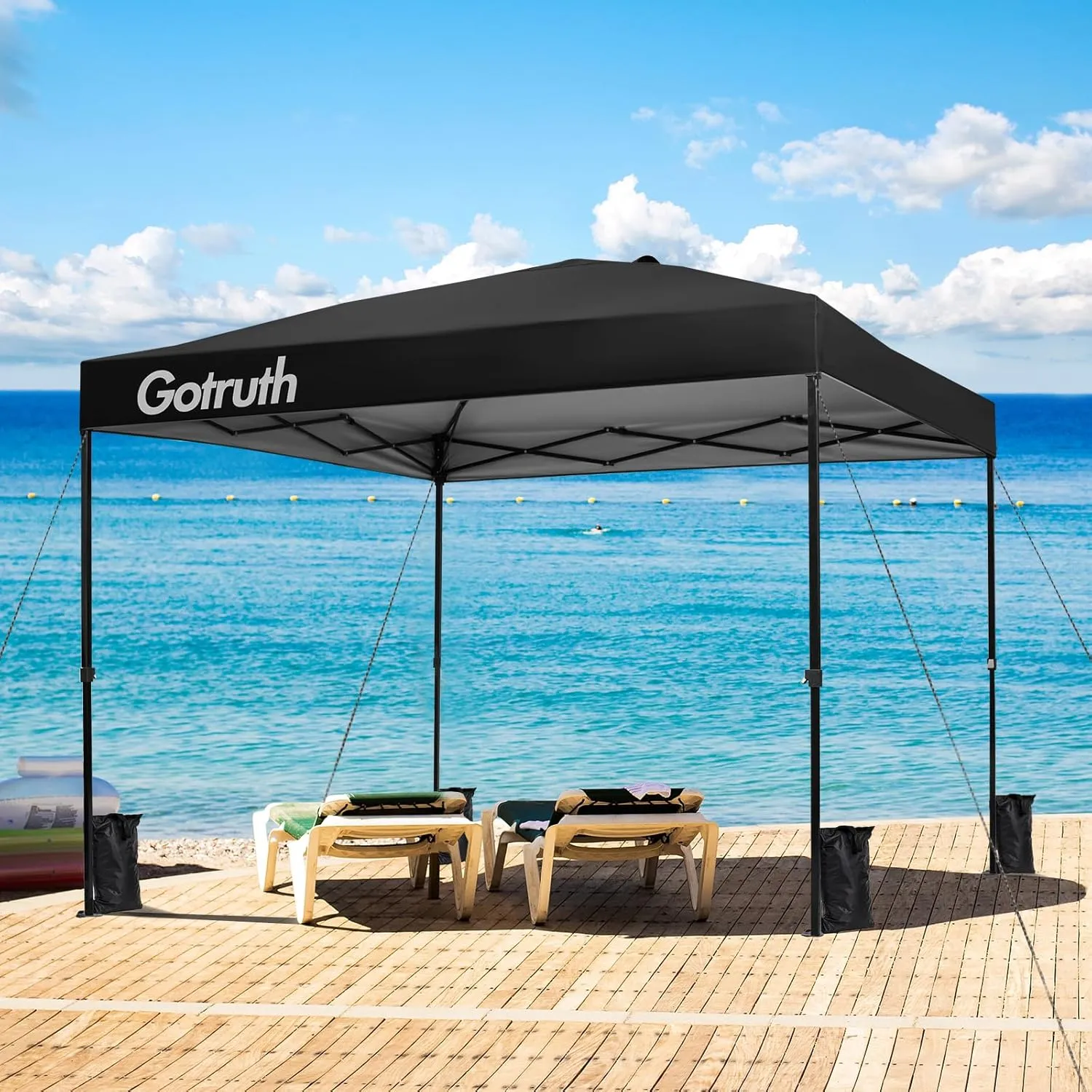 10x10 Pop Up Canopy, Tent Instant Portable Shelter with Vent, Adjustable Straight Leg Heights with Wheeled Bag, 4 Sandbags, for Commercial Events, Parties, Beach, Outdoor Camping - Black