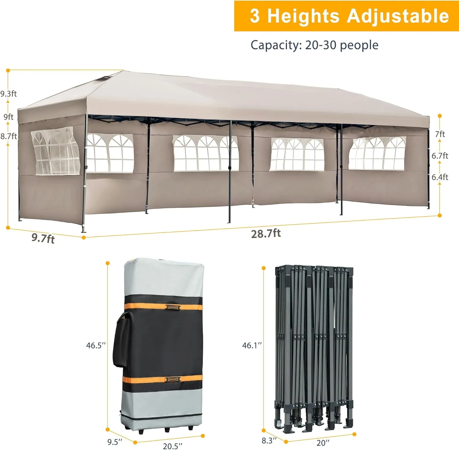 10x30 FT Pop Up Canopy with Sidewalls, Heavy Duty Outdoor Party Tent with Wheeled Bag, for Patio, Wedding, Backyard (Khaki)