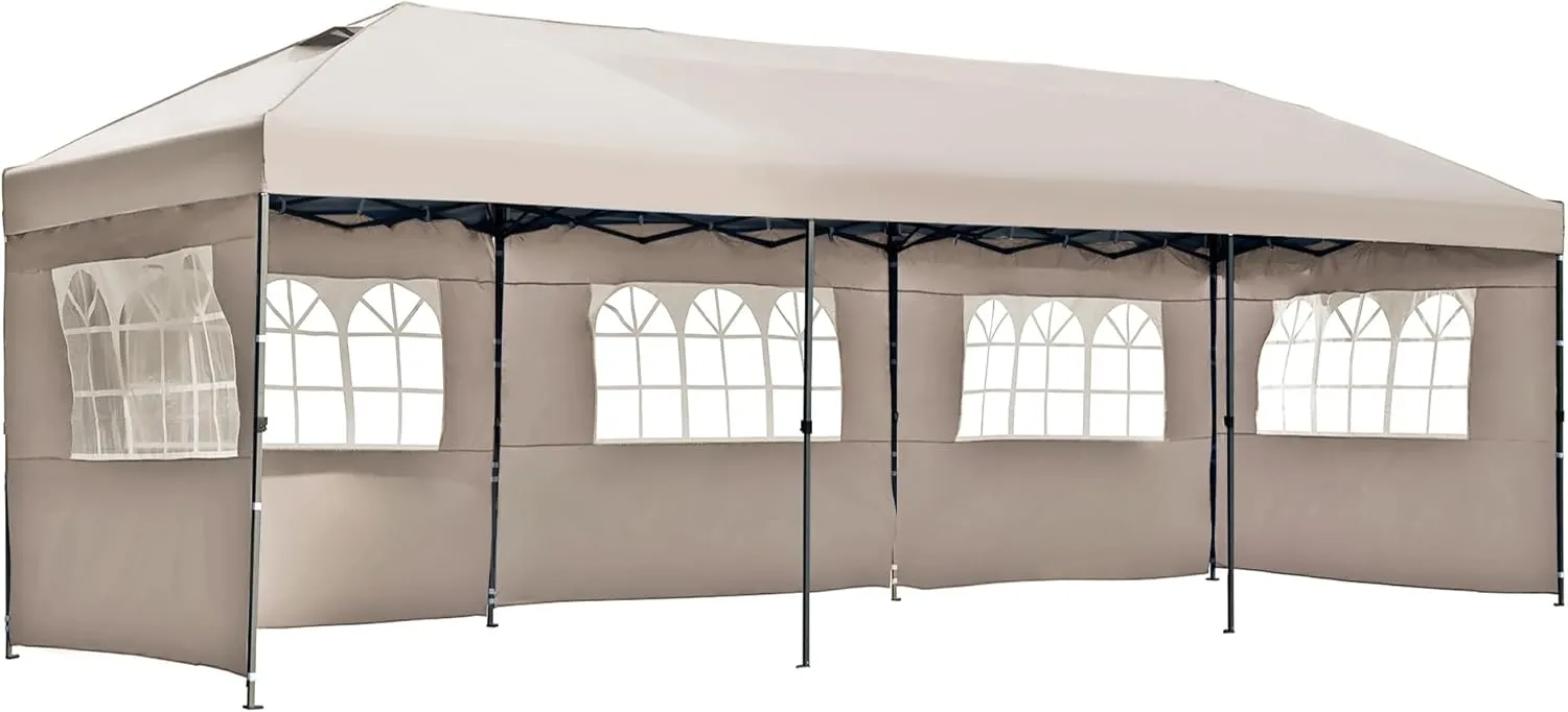 10x30 FT Pop Up Canopy with Sidewalls, Heavy Duty Outdoor Party Tent with Wheeled Bag, for Patio, Wedding, Backyard (Khaki)