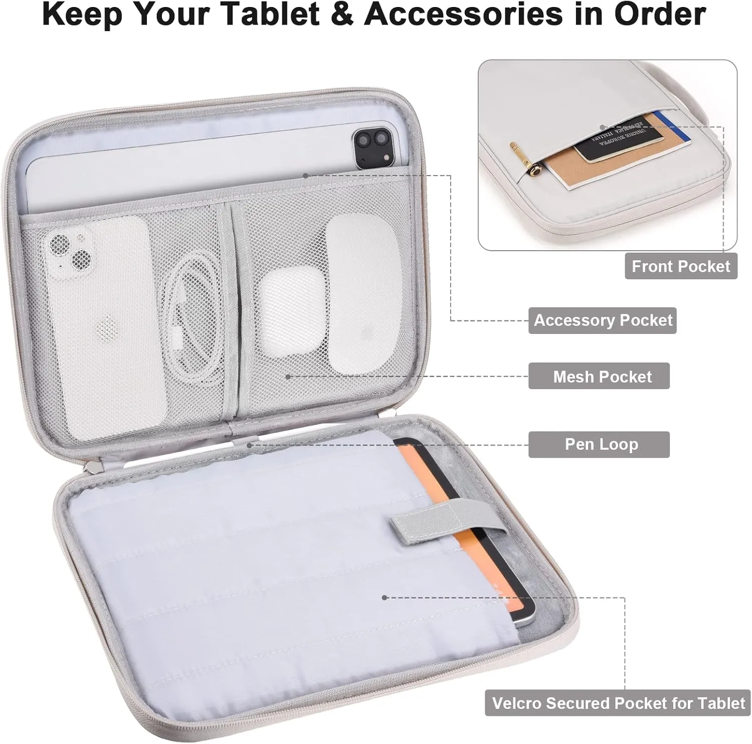 11 Inch iPad Travel Case Organizer, Padded Tablet Carrying Sleeve Bag for iPad Pro 11-in (M4), iPad 10.9 (10th Gen), iPad Air 11-in (M2), Galaxy Tab S8/S9 (White Grey-11)