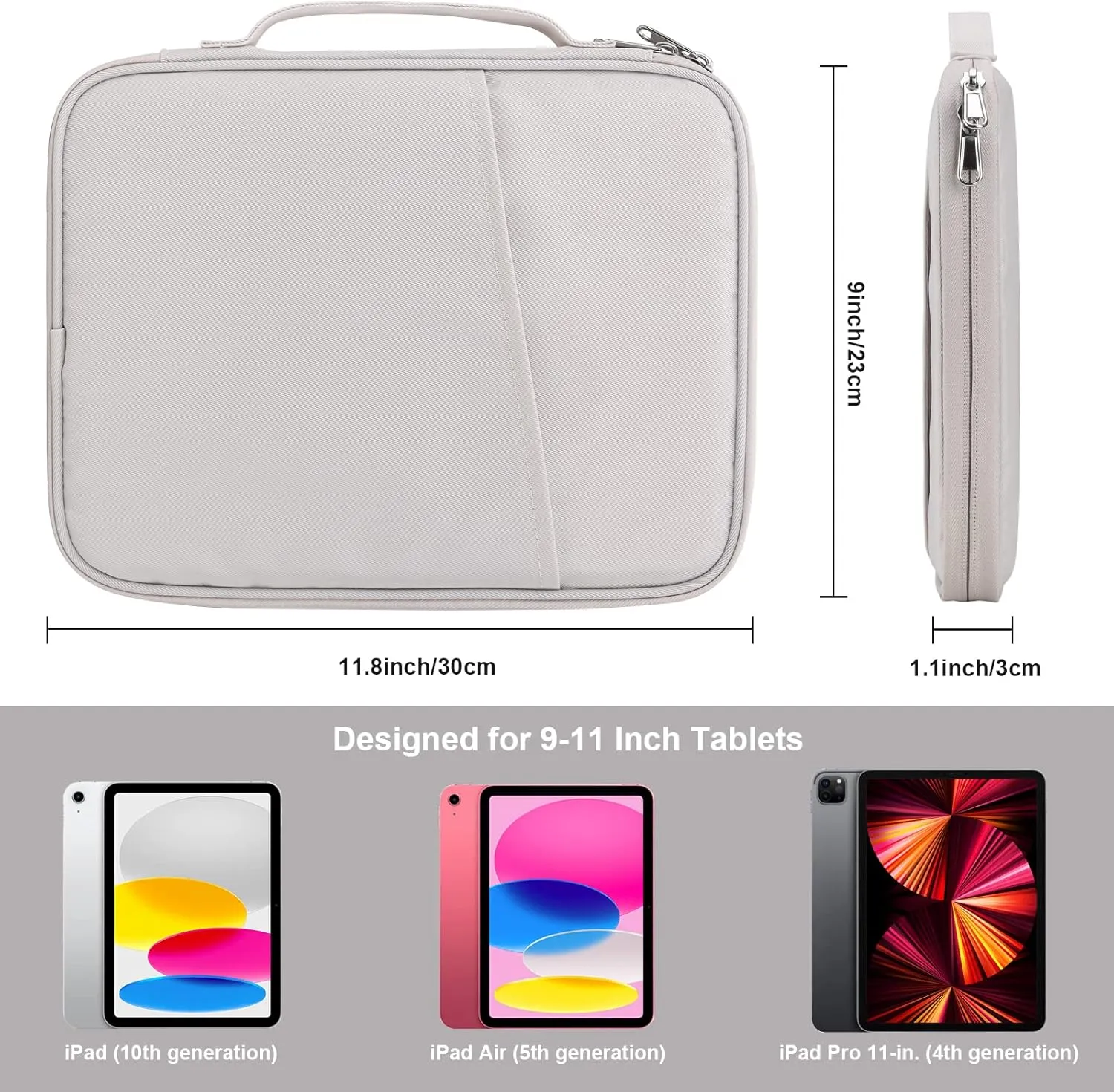 11 Inch iPad Travel Case Organizer, Padded Tablet Carrying Sleeve Bag for iPad Pro 11-in (M4), iPad 10.9 (10th Gen), iPad Air 11-in (M2), Galaxy Tab S8/S9 (White Grey-11)