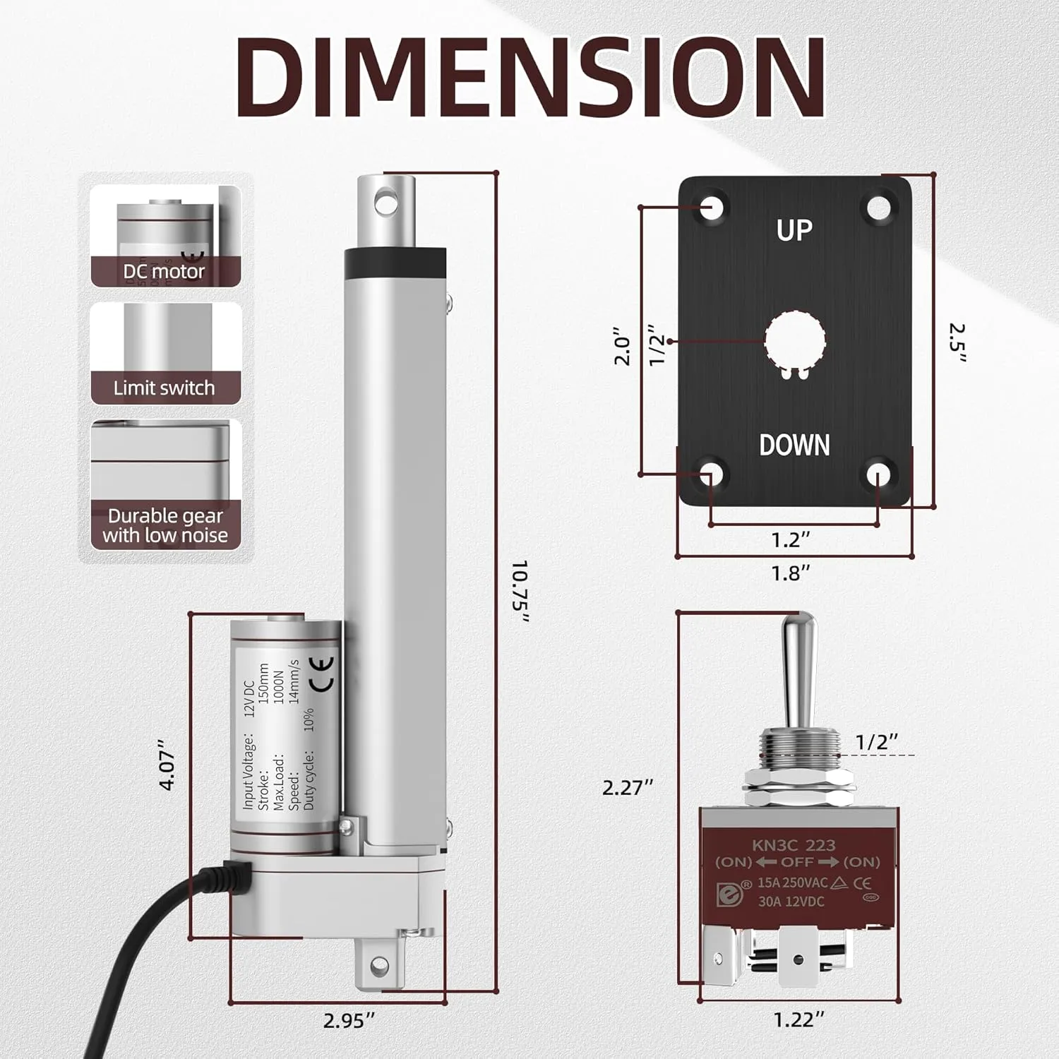 12V Linear Actuator High Speed 14mm/s Linear Motion Actuator 220lb/1000N Electric Actuator 12 Volt IP54 Waterproof Linear Actuator 6 inch with Switch