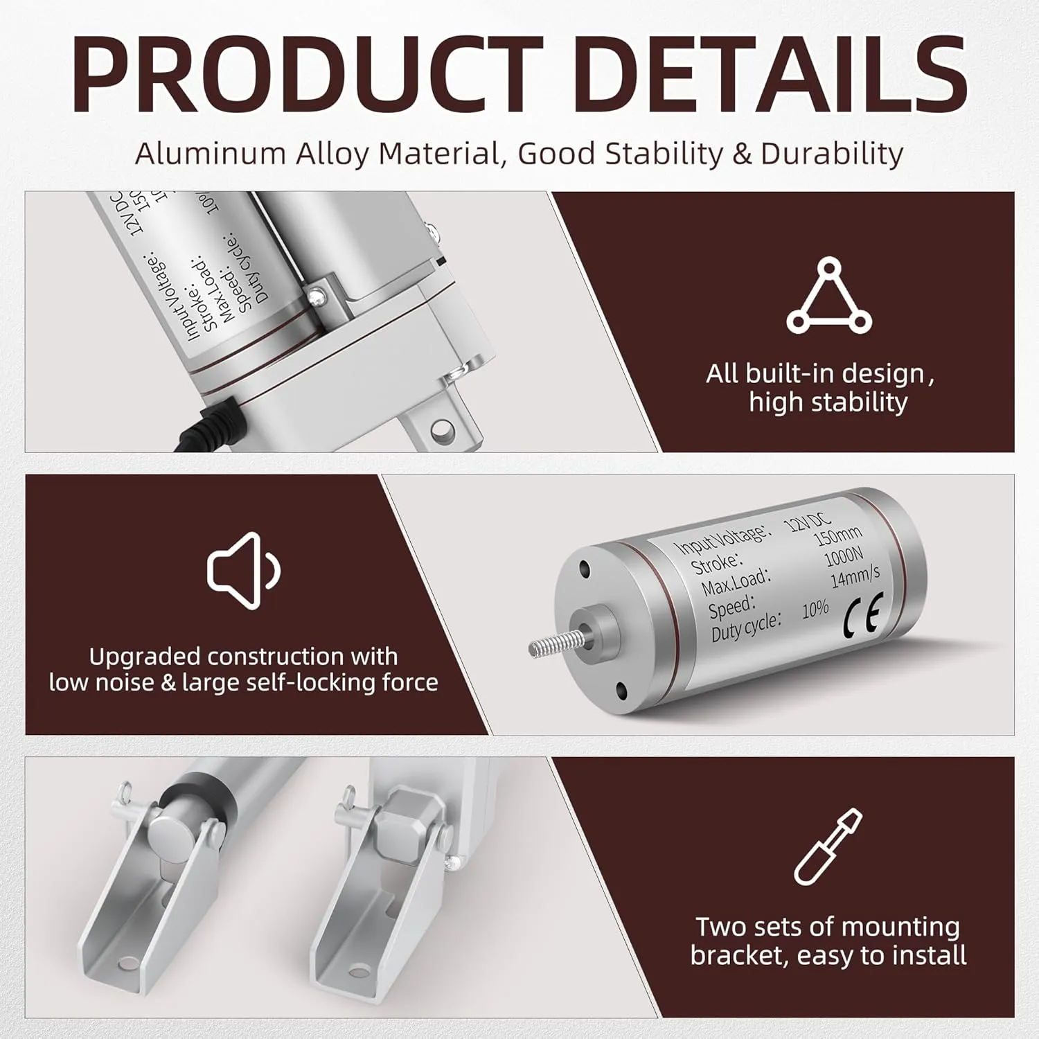 12V Linear Actuator High Speed 14mm/s Linear Motion Actuator 220lb/1000N Electric Actuator 12 Volt IP54 Waterproof Linear Actuator 6 inch with Switch