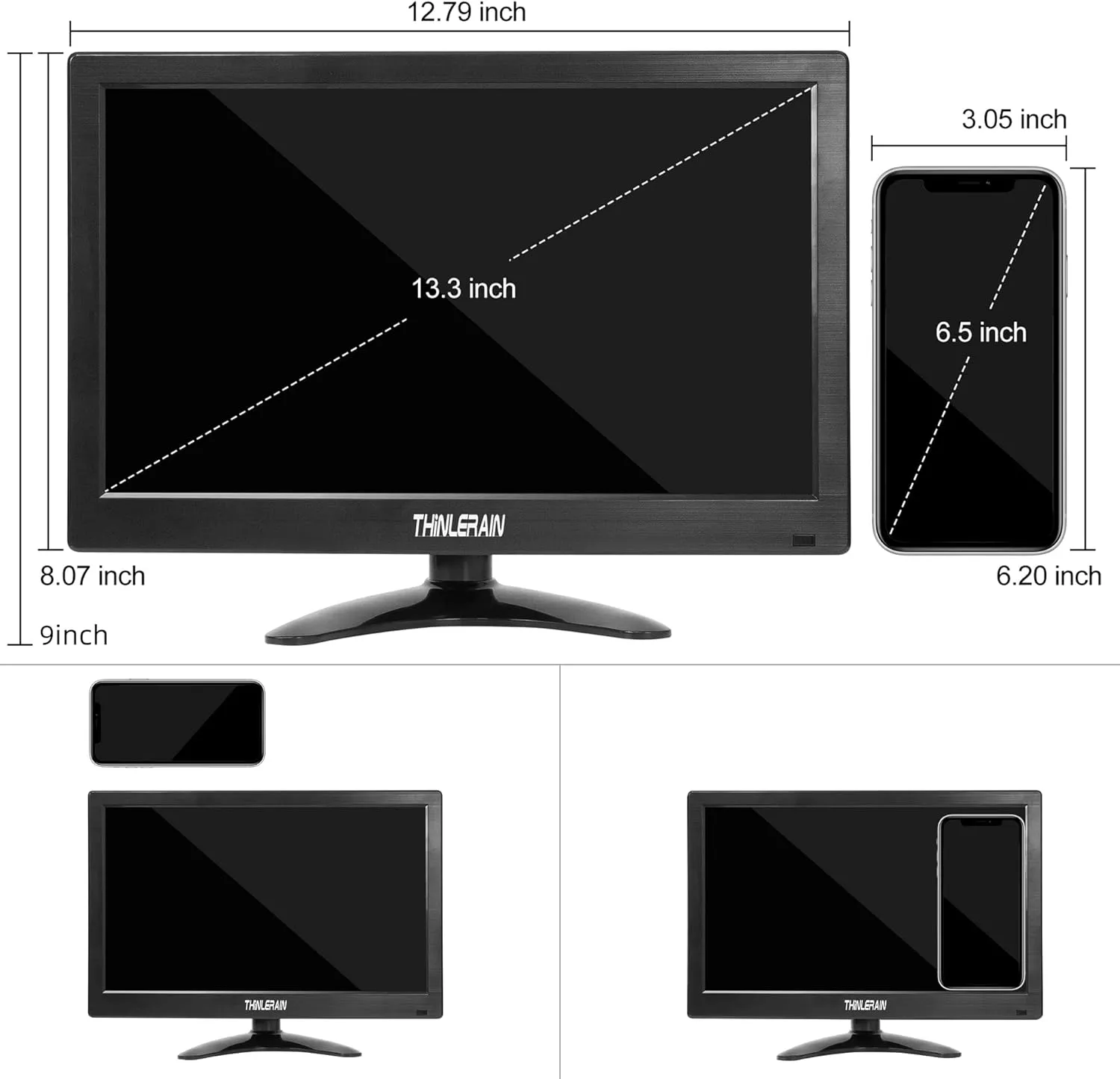 13.3 inch Small PC Monitor 1366x768 Mini LED Monitor with HDMI VGA AV BNC USB Intput, for Fire Stick Computer Xbox Ras pi, Built-in Speaker