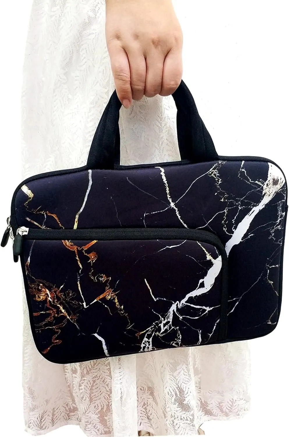 14 15 15.4 15.6 inch Laptop Handle Bag Computer Protect Case Holder Notebook Sleeve Neoprene Cover Soft Carrying Case with Extra Pockets For Dell Lenovo Toshiba HP Chromebook ASUS Acer(Black Marble)