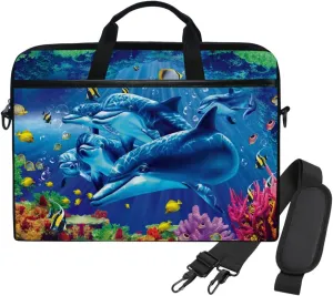 14 Inch Laptop Case Ocean Fish Dolphin Laptop Shoulder Bag Carrying Case With Strap for Women and Men