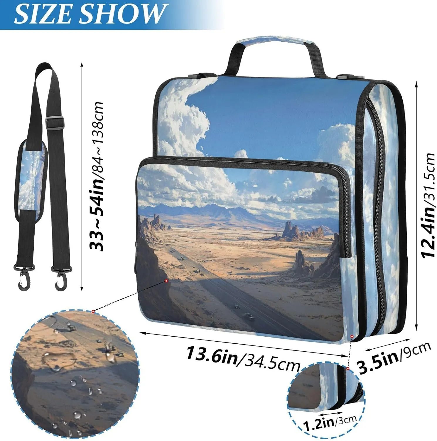 1.5 Inch 3 Rings Binder Organizer with Handle and Removable Shoulder Strap Waterproof Zippered Portfolio for Middle Student Desert Highway in Nevada
