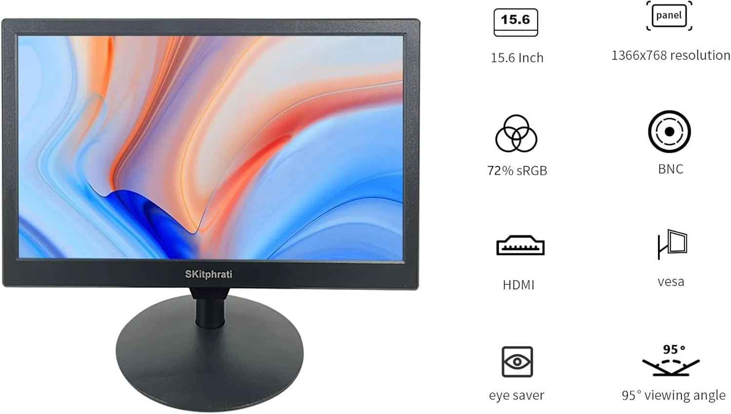 15.6 Inch Small Computer PC Monitor, 1366x768 Video Screen With HDMI VGA BNC Ports, VESA Mounting, NVR/DVR for Home Office, Built-in Speakers