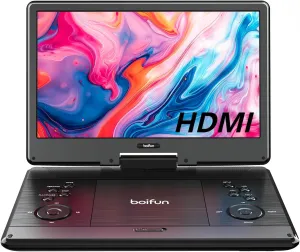 15.7" Portable DVD Player with 14.1" Large HD Screen, HDMI in, 5 Hours Rechargeable Battery, Support Sync TV, Phone, Laptop, USB, SD Card and Multiple Disc Formats, Dual Speaker, Black, BOIFUN