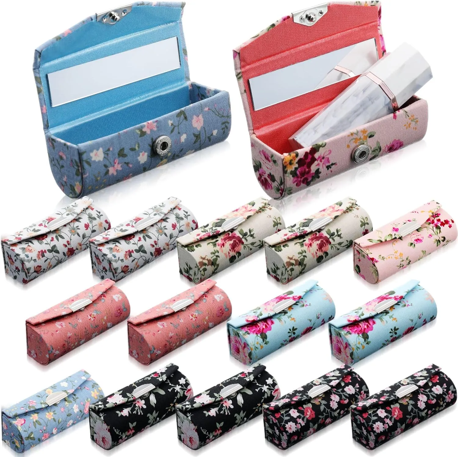 16 Pcs Lipstick Case with Mirror Ladies Floral Portable Lipstick Case Cosmetic Storage Kit Makeup Travel Cases Organizer Bag for Purse Season Graduation Party