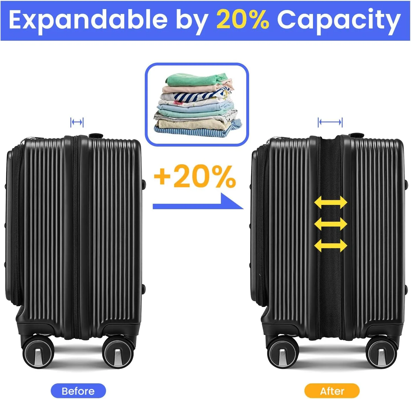 18" Carry On Luggage with Front Open Door &Laptop Interlayer, Hard Shell Suitcase with TSA Luggage Lock, Hardside Lightweight PC Travel Suitcase for Women Men with Spinner Wheels,Black