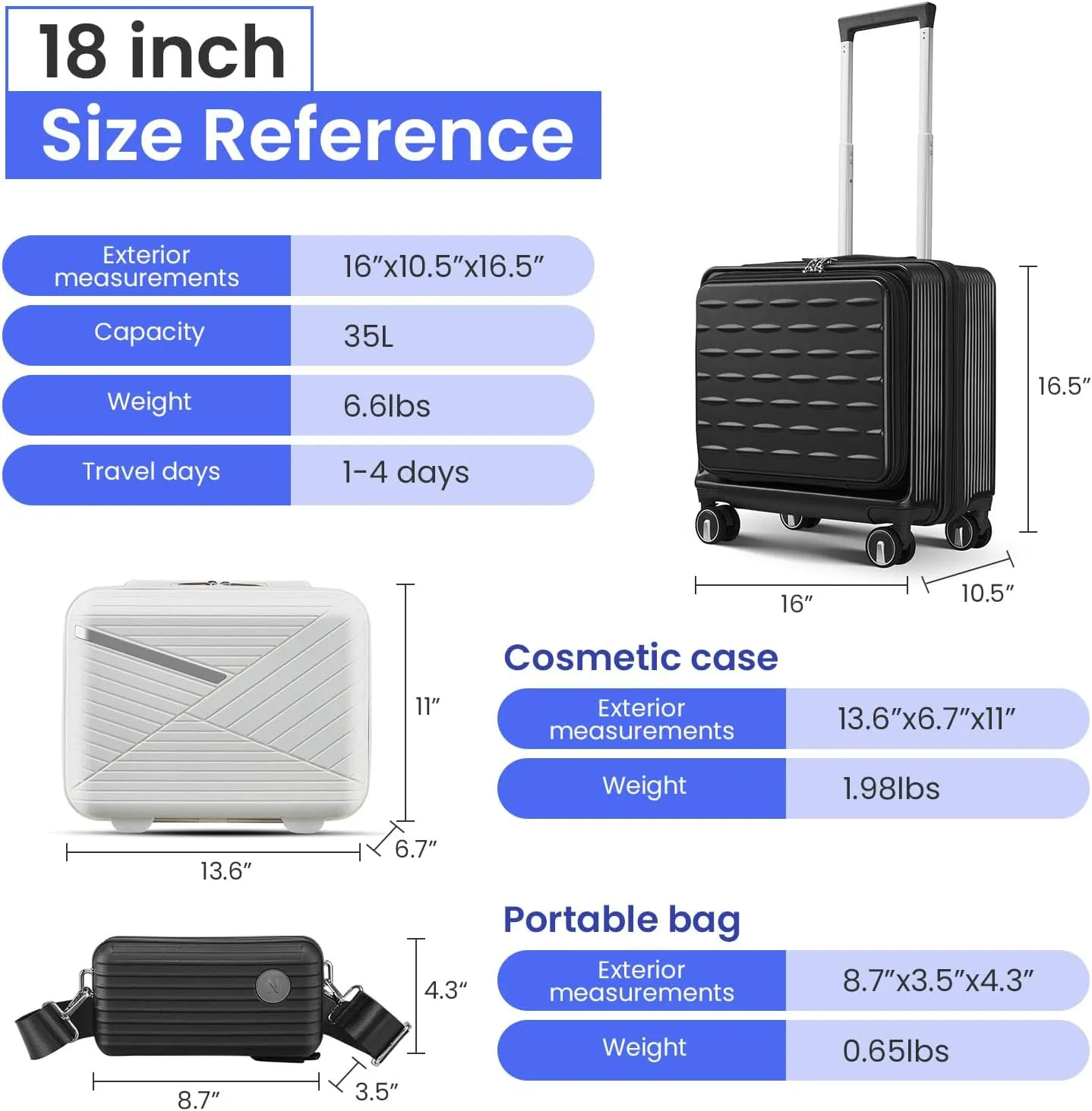 18" Carry On Luggage with Front Open Door &Laptop Interlayer, Hard Shell Suitcase with TSA Luggage Lock, Hardside Lightweight PC Travel Suitcase for Women Men with Spinner Wheels,Black