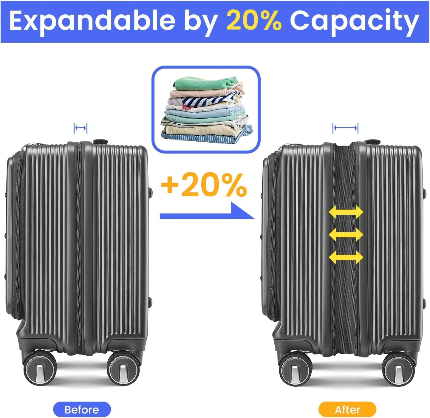 18" Carry On Luggage with Front Open Door &Laptop Interlayer, Hard Shell Suitcase with TSA Luggage Lock, Hardside Lightweight PC Travel Suitcase for Women Men with Spinner Wheels,Grey