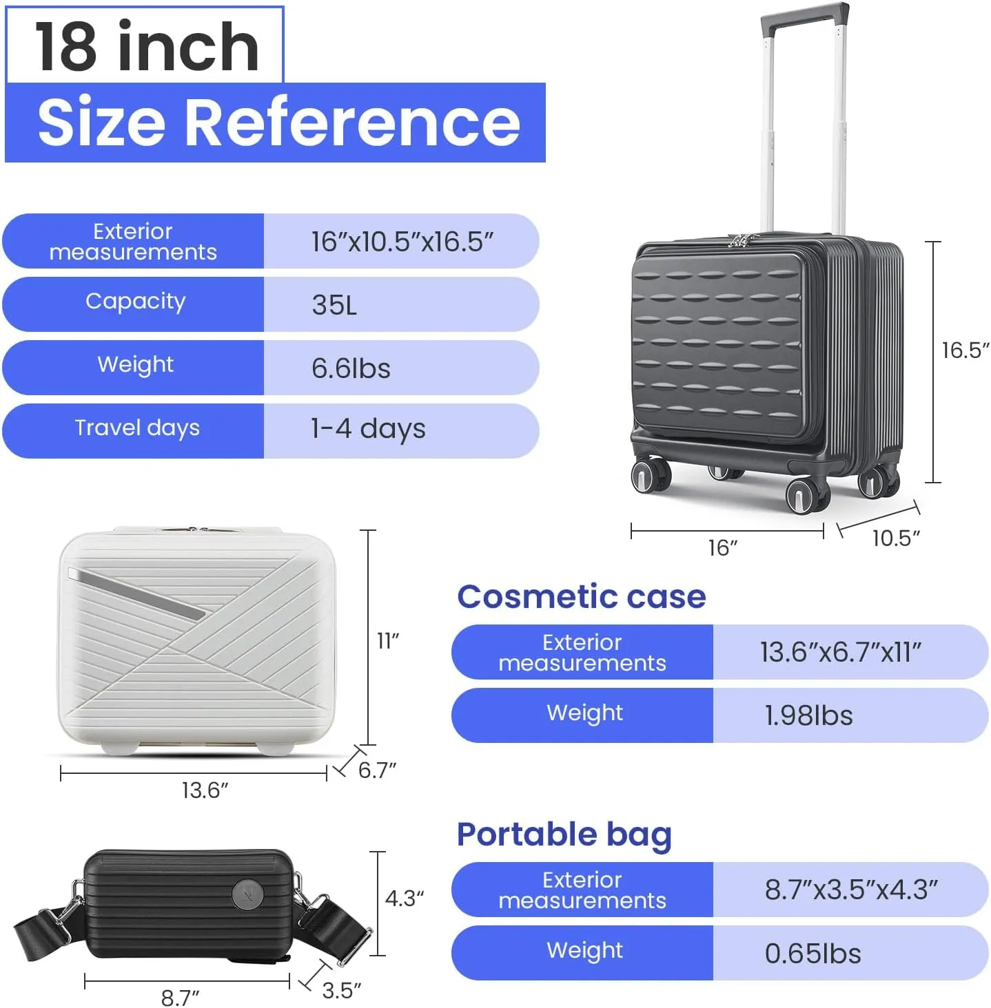 18" Carry On Luggage with Front Open Door &Laptop Interlayer, Hard Shell Suitcase with TSA Luggage Lock, Hardside Lightweight PC Travel Suitcase for Women Men with Spinner Wheels,Grey