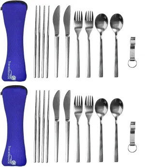 2 Pack - Portable Utensils With Case - 4 Person - Fork, Spoon, Knife, Bottle Opener - Premium Silverware Set - Reusable Utensils For Lunch Box - Travel Utensil Set