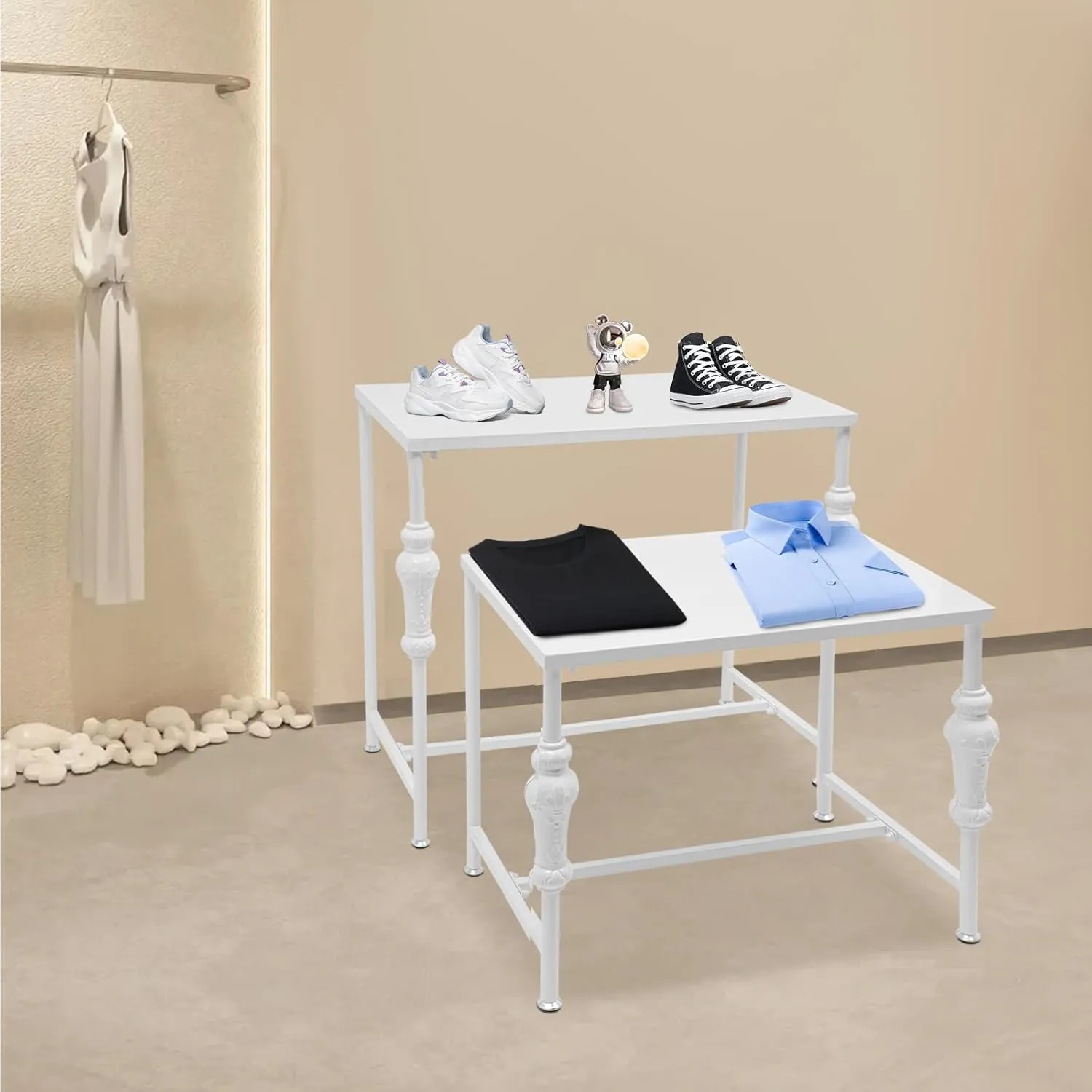 2 Pcs Nesting Tables Boutique Retail Display Rack Stand for Clothing Shoes Handbags Bag Hat Toy or Flower Ect, White Garment Rack Shoes Bags Display Shelf Table for Home Clothing Shop Hotel