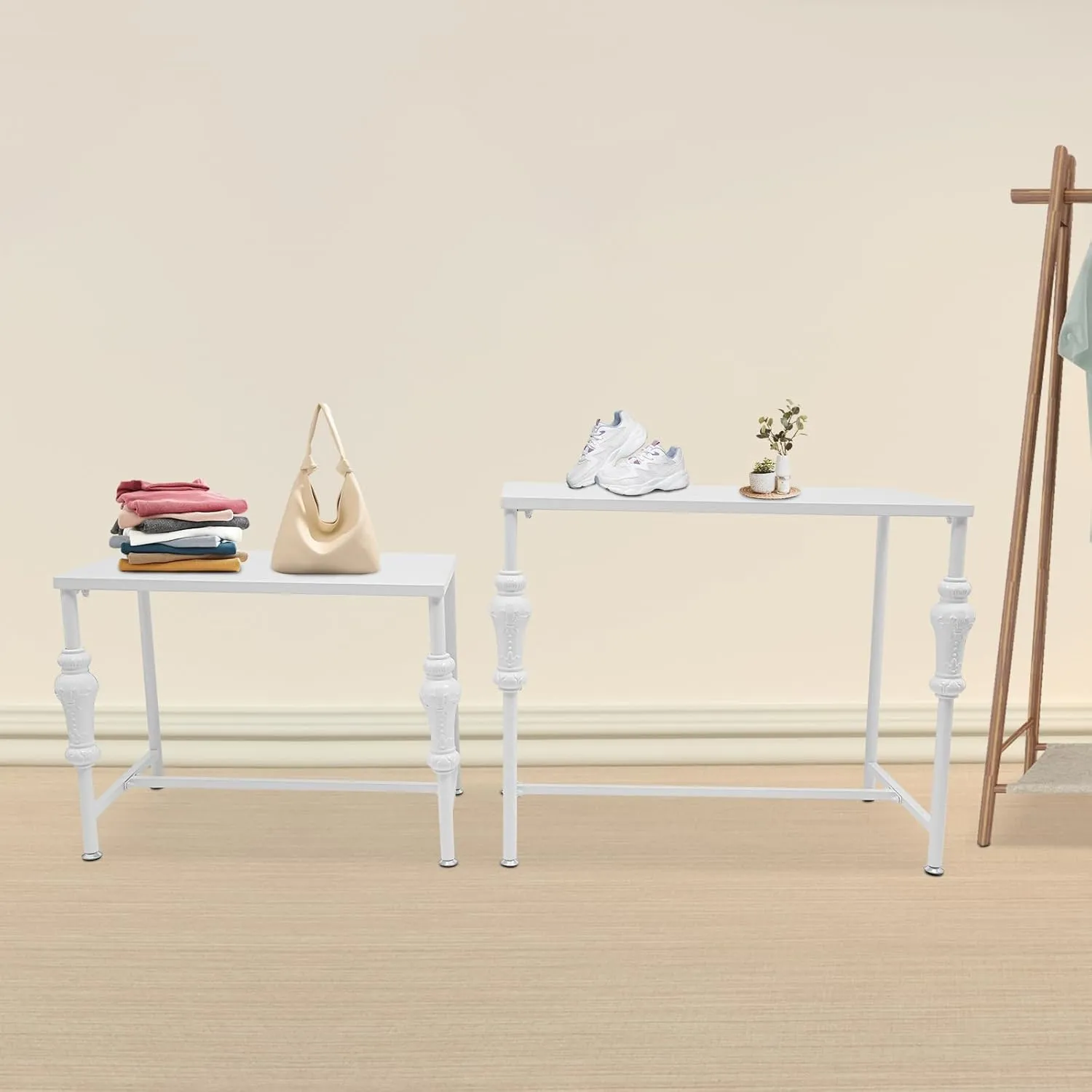 2 Pcs Nesting Tables Boutique Retail Display Rack Stand for Clothing Shoes Handbags Bag Hat Toy or Flower Ect, White Garment Rack Shoes Bags Display Shelf Table for Home Clothing Shop Hotel