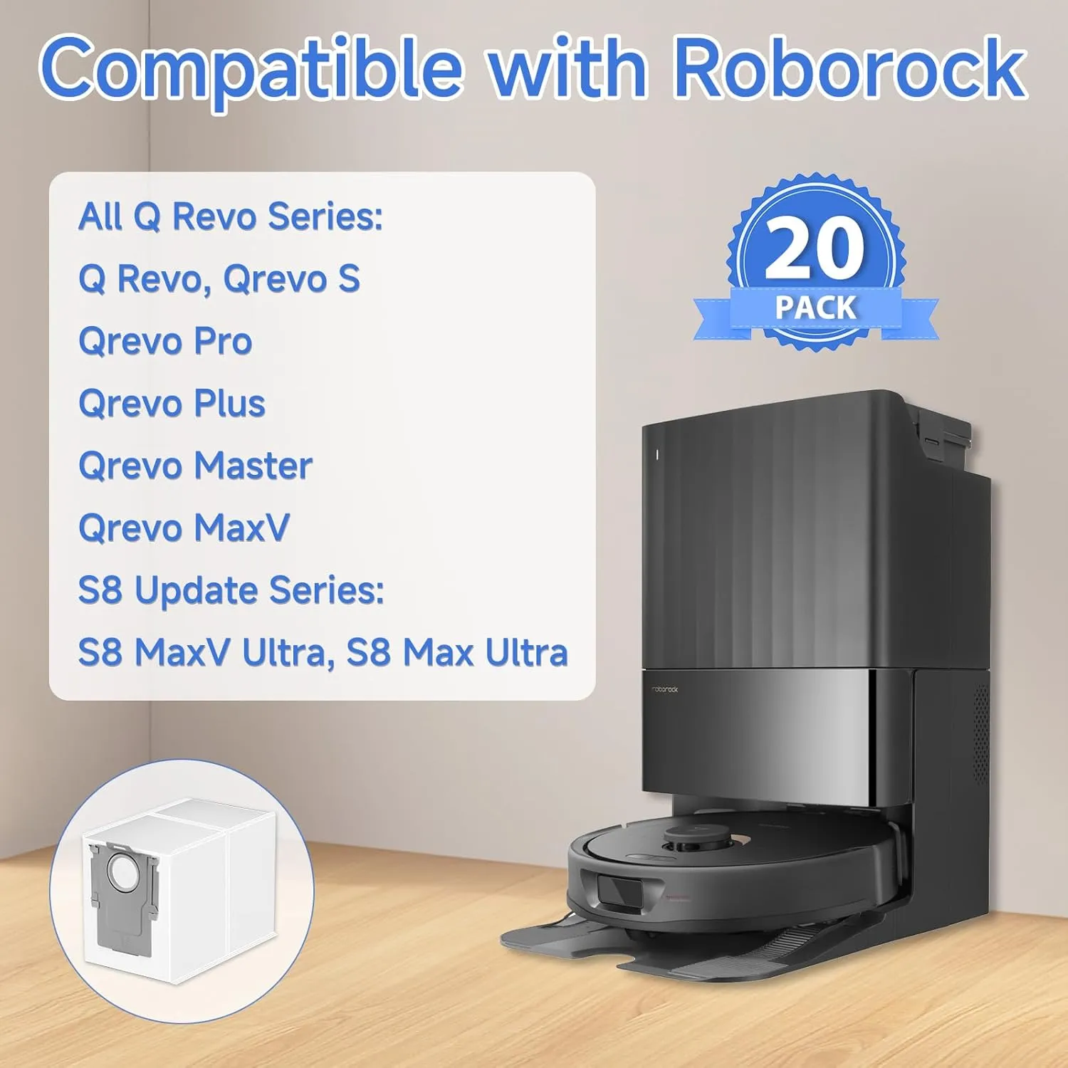 20 Packs Q Revo Dust Bags for Qrevo S, Qrevo Plus, Qrevo Master, Qrevo Pro, S8 MaxV Ultra, S8 Max Ultra, Qrevo MaxV, Qrevo Slim Robot Vacuum Cleaner, 3.5L Large Capacity