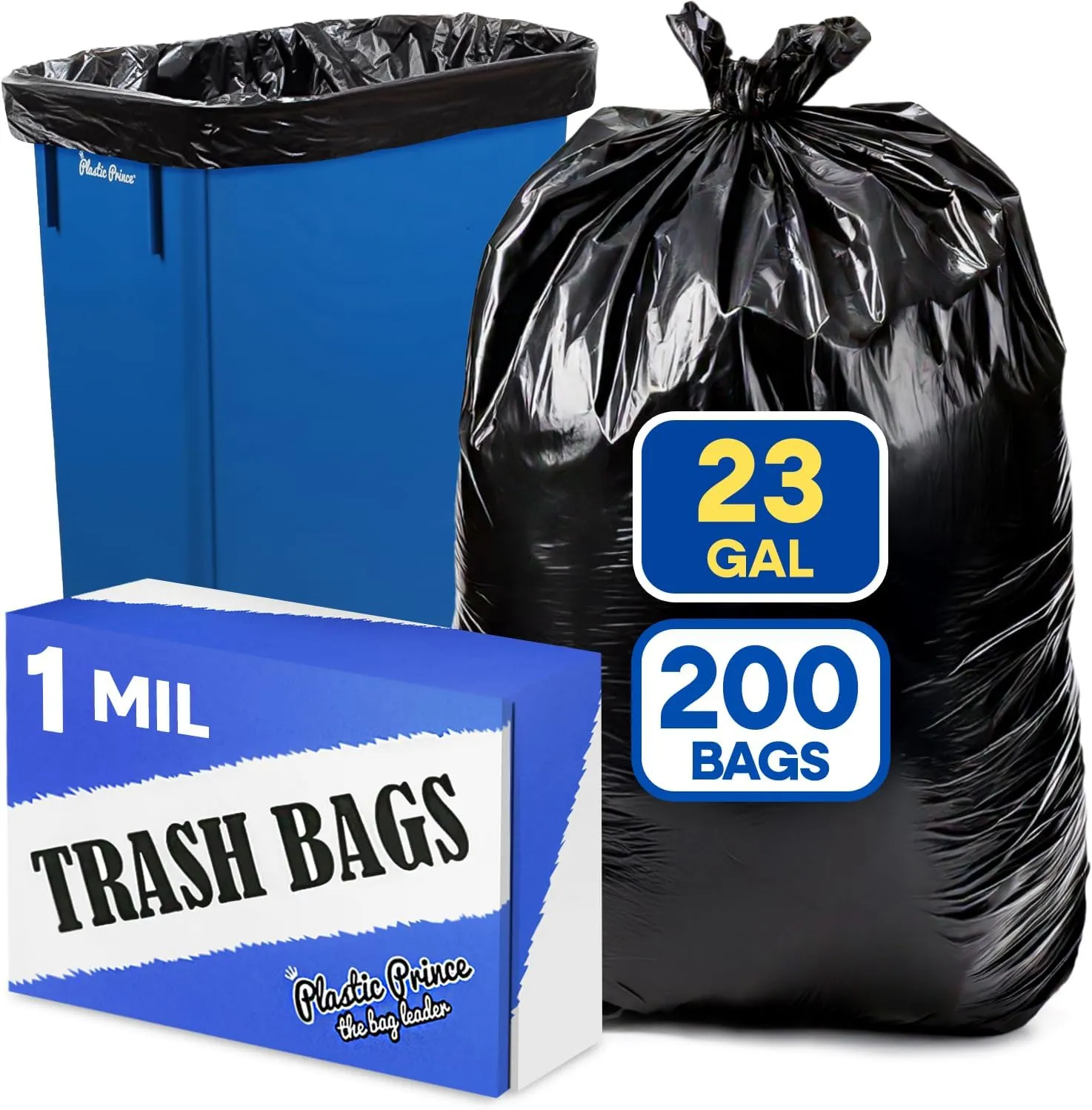 (200 Pack) 23 Gallon Trash Bags, 1 Mil Black Waste Bags, Fits Slim Jim 23 Gal Trash Cans, 29" x 44" Garbage Trash Can Liners