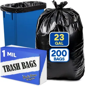 (200 Pack) 23 Gallon Trash Bags, 1 Mil Black Waste Bags, Fits Slim Jim 23 Gal Trash Cans, 29" x 44" Garbage Trash Can Liners