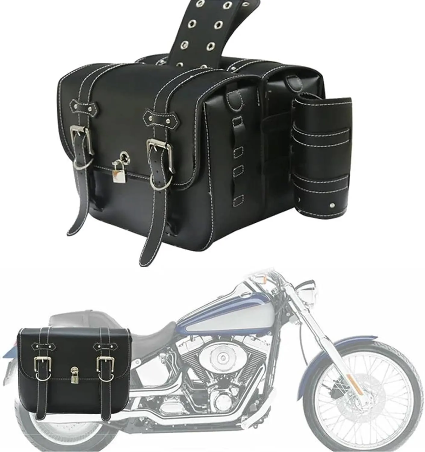 2X Motorcycle Saddlebag Leather Motorcycle Saddle Bags for Yam&aha Vstar 950 2014(Black B)