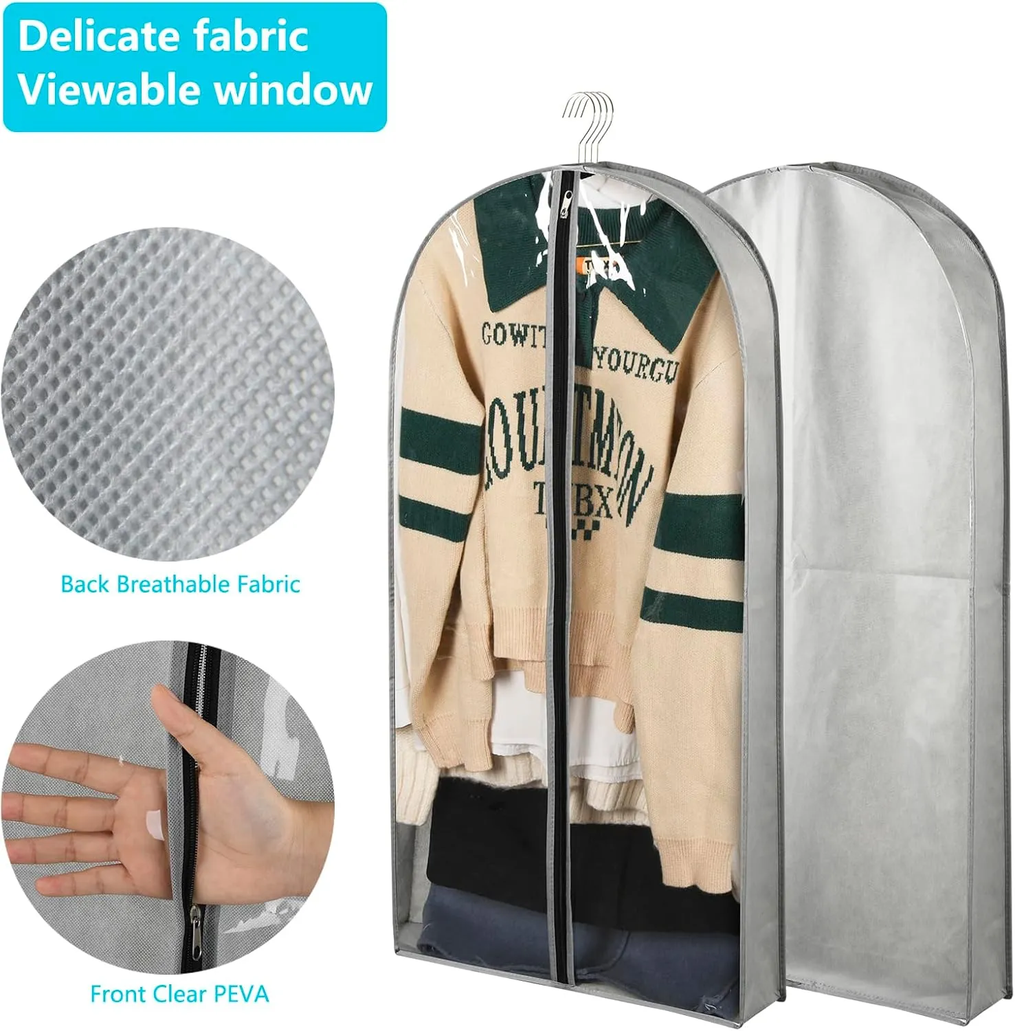 3 Pack 40" Garment Bags for Hanging Clothes Storage, Clear Moth Proof Suits Covers with 4" Gussets for Closet Storage Travel, Plastic Protector for Coat, Jacket, Sweater, Shirts