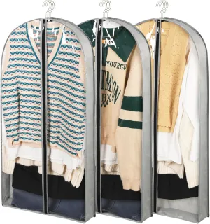 3 Pack 40" Garment Bags for Hanging Clothes Storage, Clear Moth Proof Suits Covers with 4" Gussets for Closet Storage Travel, Plastic Protector for Coat, Jacket, Sweater, Shirts
