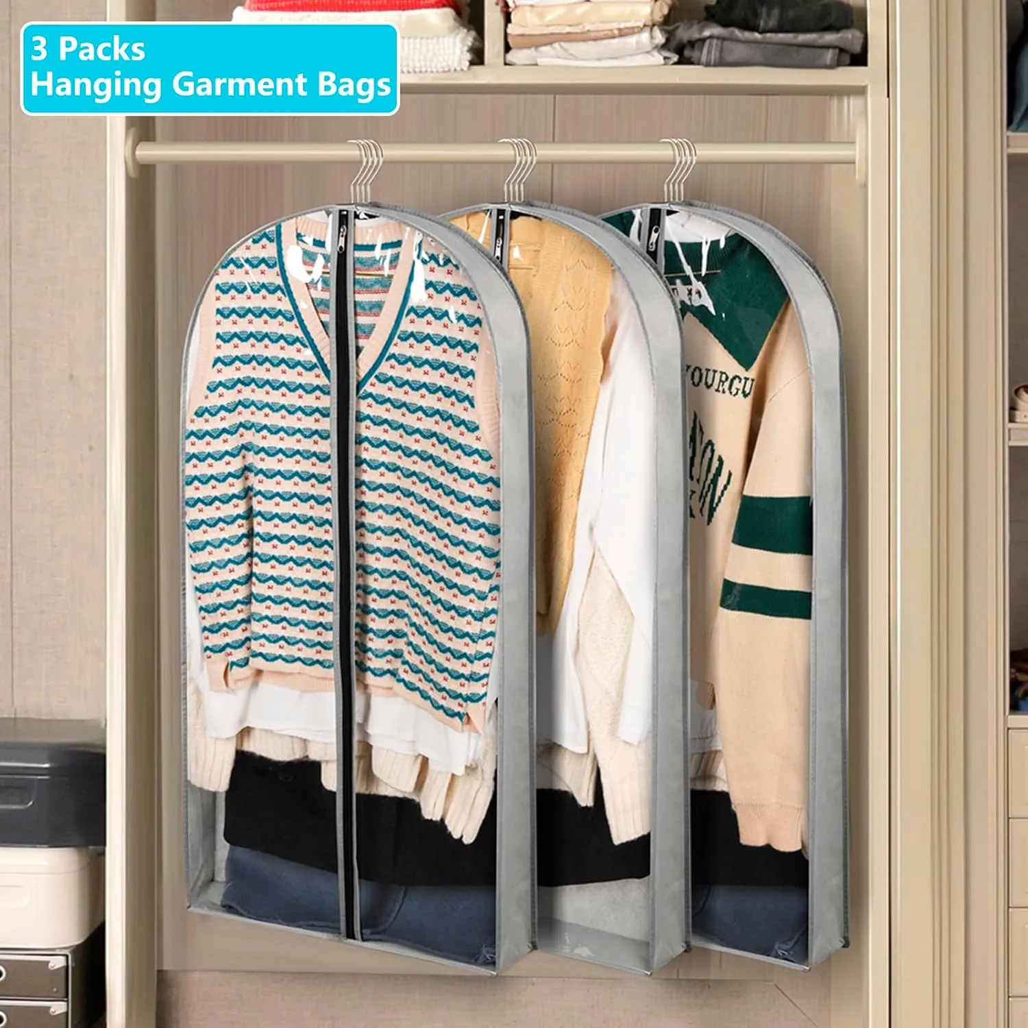 3 Pack 40" Garment Bags for Hanging Clothes Storage, Clear Moth Proof Suits Covers with 4" Gussets for Closet Storage Travel, Plastic Protector for Coat, Jacket, Sweater, Shirts