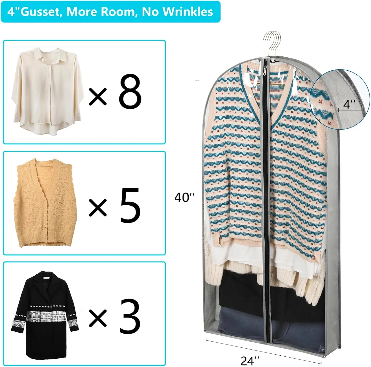 3 Pack 40" Garment Bags for Hanging Clothes Storage, Clear Moth Proof Suits Covers with 4" Gussets for Closet Storage Travel, Plastic Protector for Coat, Jacket, Sweater, Shirts