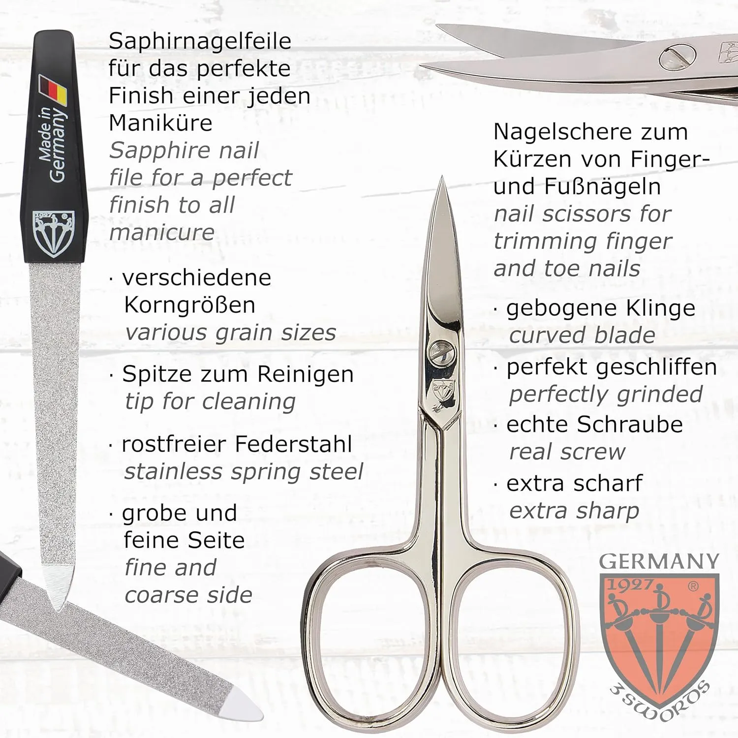 3 Swords Germany – brand quality 10 piece manicure pedicure grooming kit set for professional finger & toe nail care tweezers file clipper fashion leather case in gift box, Made by 3 Swords (7797)