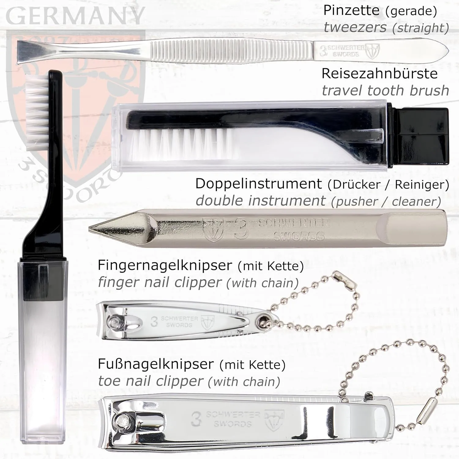 3 Swords Germany – brand quality 10 piece manicure pedicure grooming kit set for professional finger & toe nail care tweezers file clipper fashion leather case in gift box, Made by 3 Swords (7797)