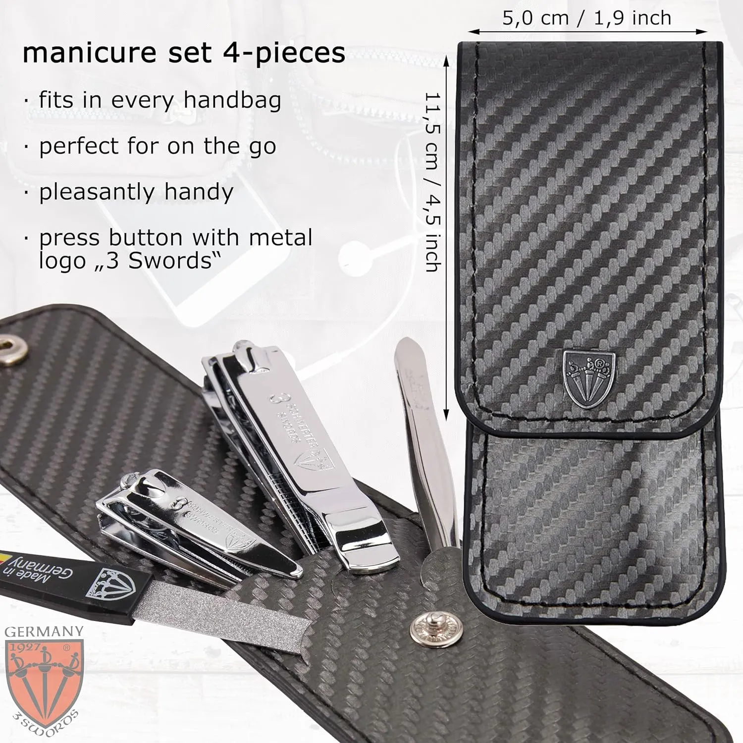 3 Swords Germany - Brand Quality 4 Piece Manicure Pedicure Grooming kit Set Tweezers File Clipper Fashion Leather case in Gift Box, Made by 3 Swords