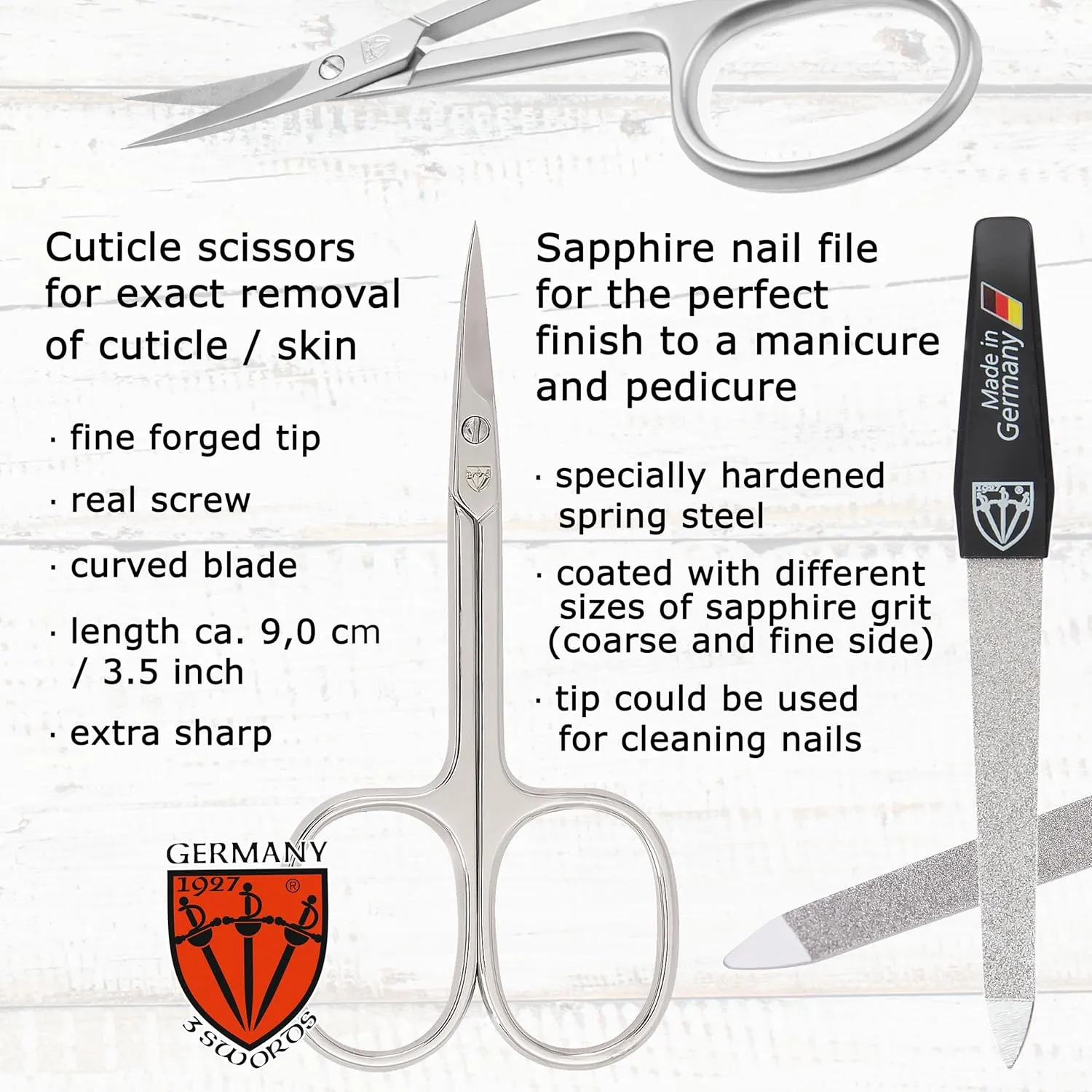 3 Swords Germany - Brand Quality 6 Piece Manicure Pedicure Grooming kit Set - Scissors, Metal and Glass Nail File, Clipper, Tweezers with Synthetic Leather case - Ostrich