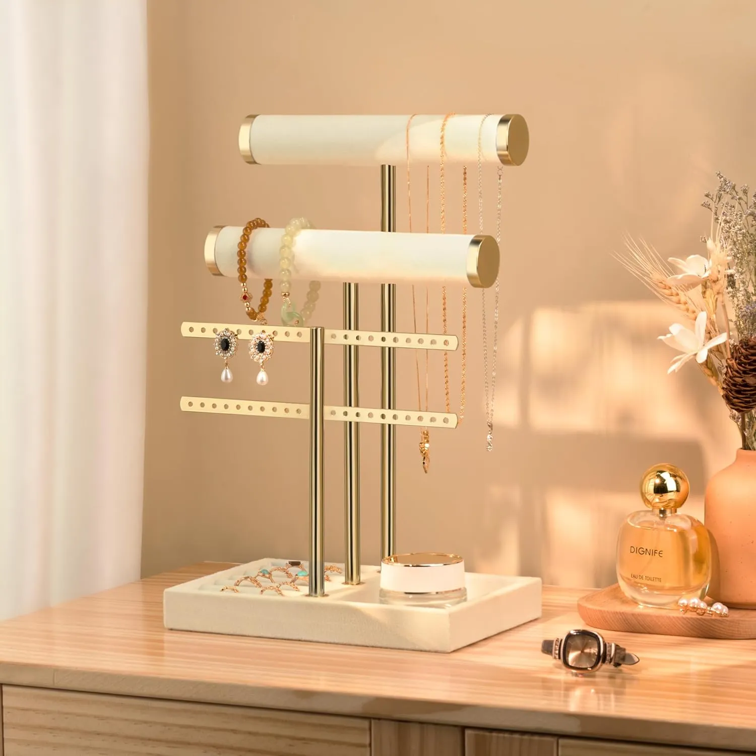 3 Tier Bracelet Holder Display - Detachable T Bar Beige Velvet Bracelet Holder, Jewelry Holder Organizer for Bracelet, Necklace, Earrings, Rings
