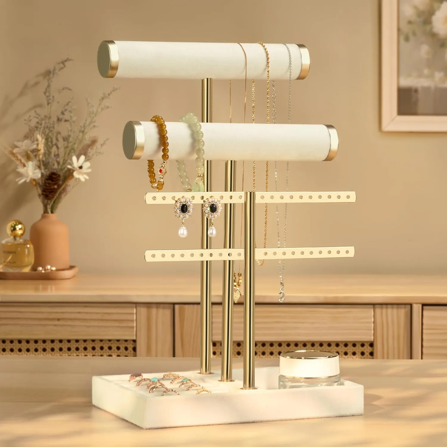 3 Tier Bracelet Holder Display - Detachable T Bar Beige Velvet Bracelet Holder, Jewelry Holder Organizer for Bracelet, Necklace, Earrings, Rings