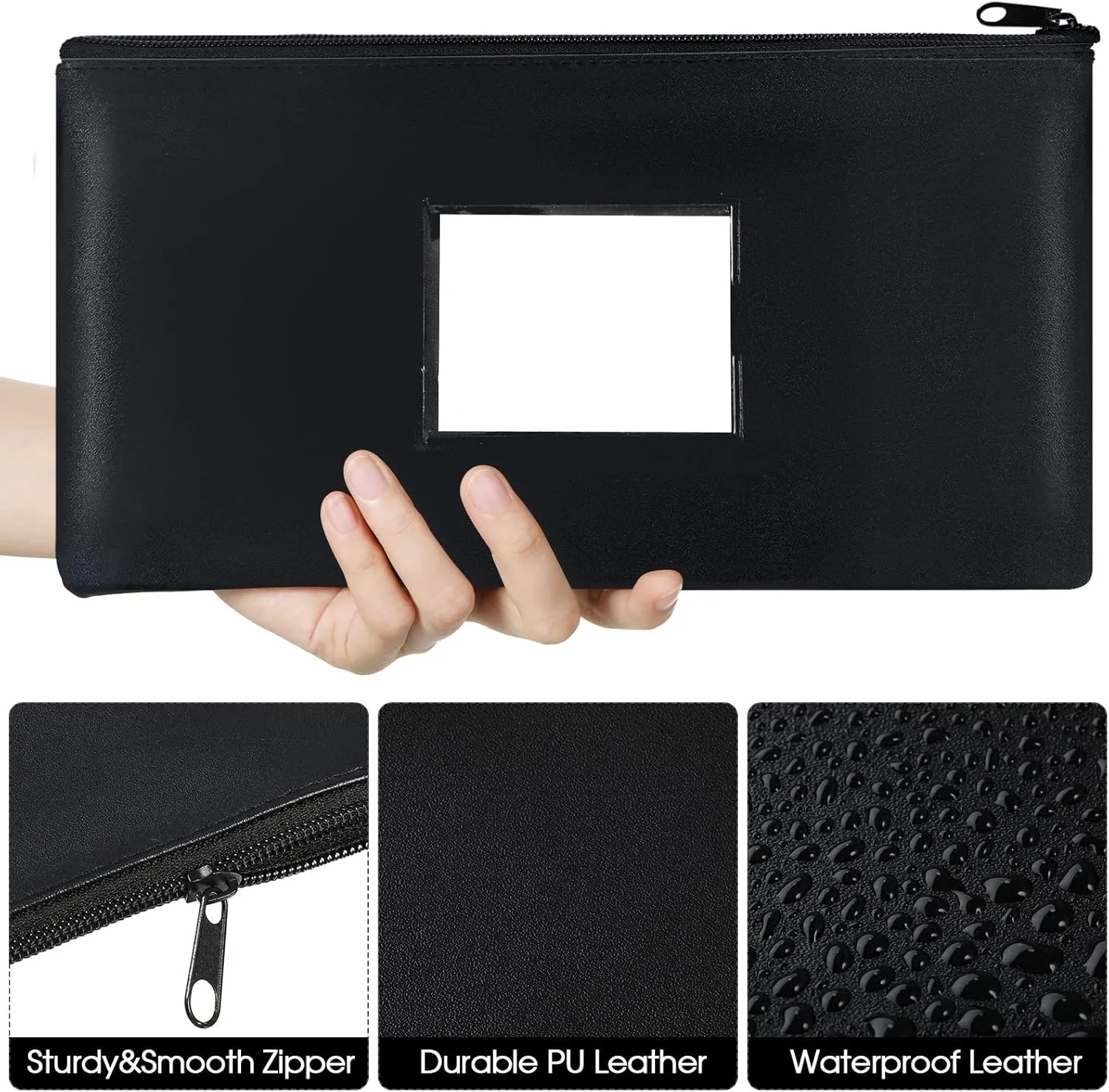 30 Pieces Money Bank Bag with Zipper Pouch for Cash 11 x 6 Inch Security Bank Deposit Bag with Clear Window Leatherette Money Cash Coin Wallet(Black)