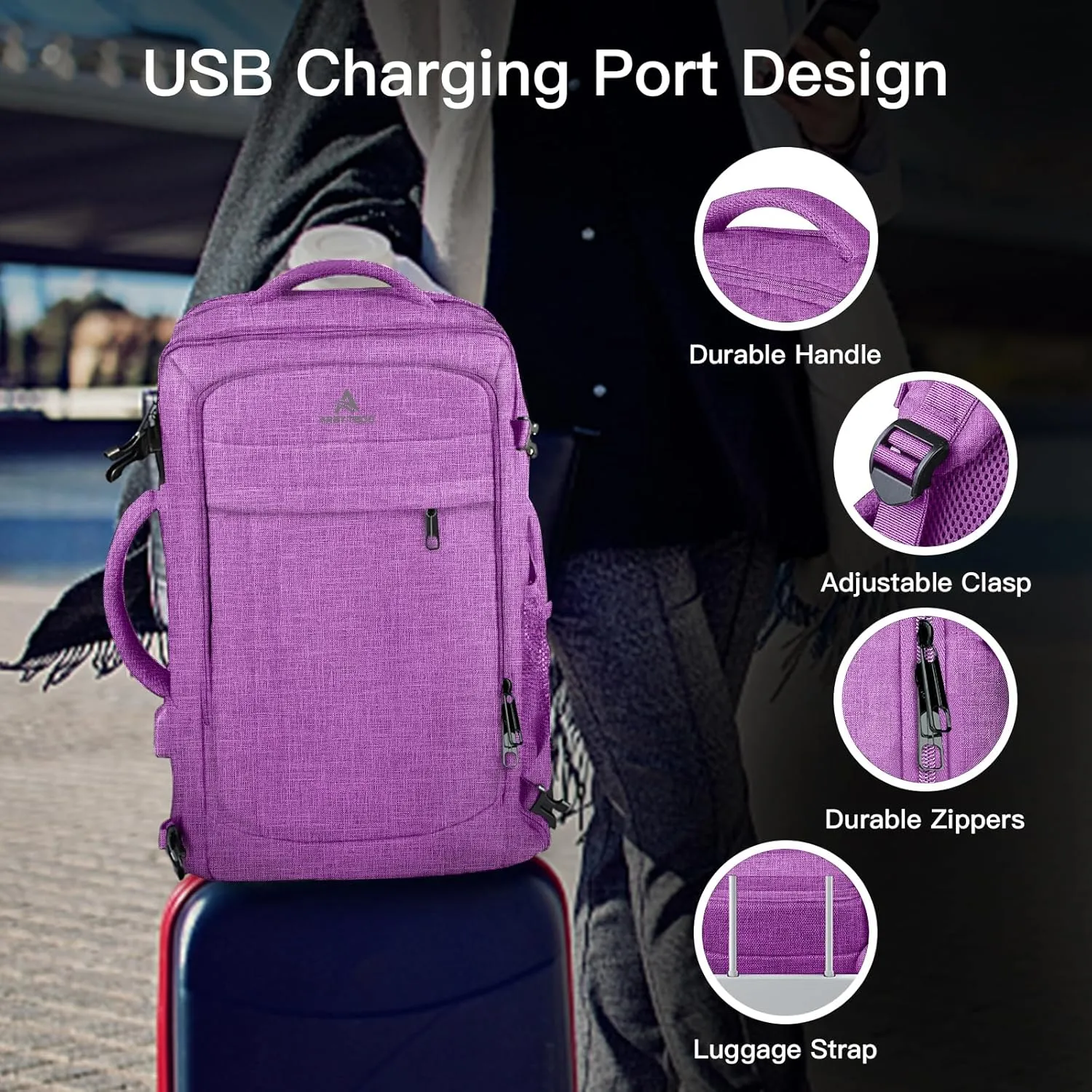 50L Carry On Backpack Airline Approved, Extra Large Laptop Backpack, Travel Backpack for Women, Expandable Water Resistant Big Bag Anti-Theft Business Daypack Fit 17 Inch Laptop with USB Port,Purple