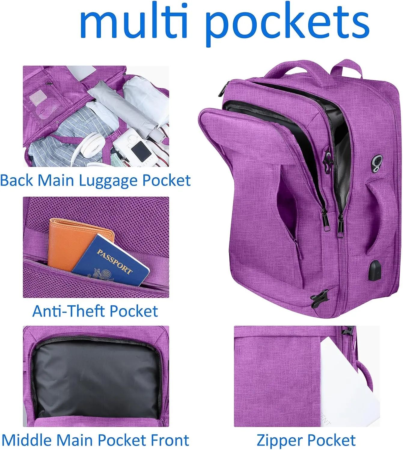 50L Carry On Backpack Airline Approved, Extra Large Laptop Backpack, Travel Backpack for Women, Expandable Water Resistant Big Bag Anti-Theft Business Daypack Fit 17 Inch Laptop with USB Port,Purple