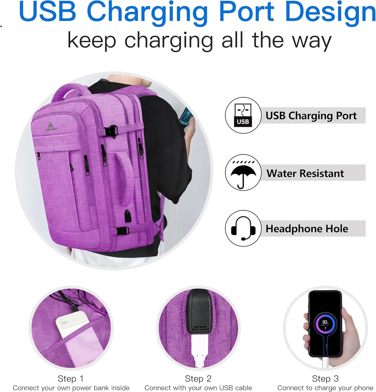 50L Carry On Backpack Airline Approved, Extra Large Laptop Backpack, Travel Backpack for Women, Expandable Water Resistant Big Bag Anti-Theft Business Daypack Fit 17 Inch Laptop with USB Port,Purple