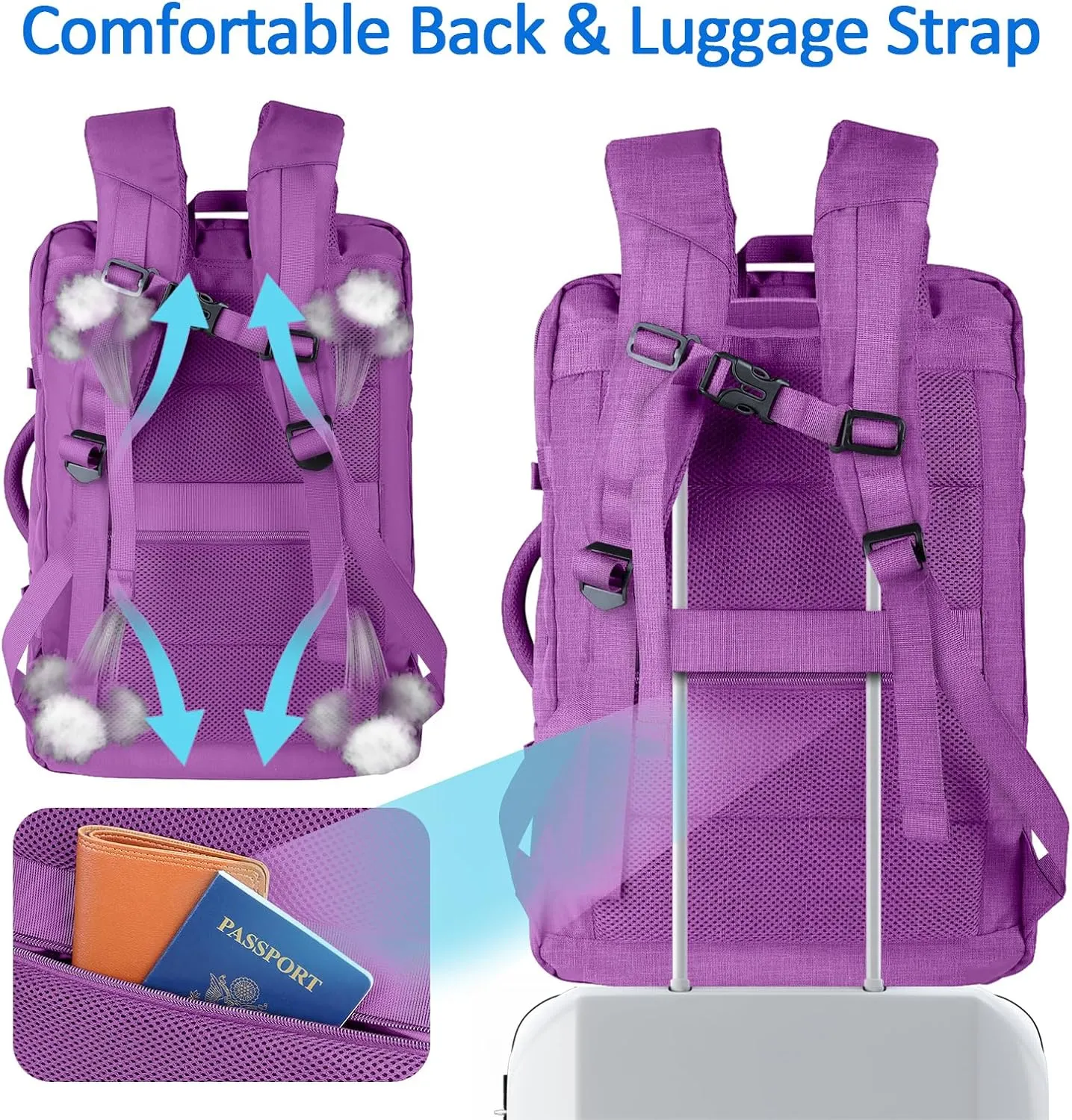 50L Carry On Backpack Airline Approved, Extra Large Laptop Backpack, Travel Backpack for Women, Expandable Water Resistant Big Bag Anti-Theft Business Daypack Fit 17 Inch Laptop with USB Port,Purple