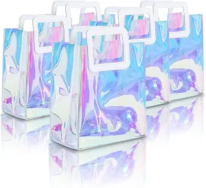 5pcs Clear Reusable Birthday Gift Bag 8.4 x 7 x 4 Inches Medium Size Iridescent Holographic Pvc Gift Wrap Bags with Handle Favor Bag