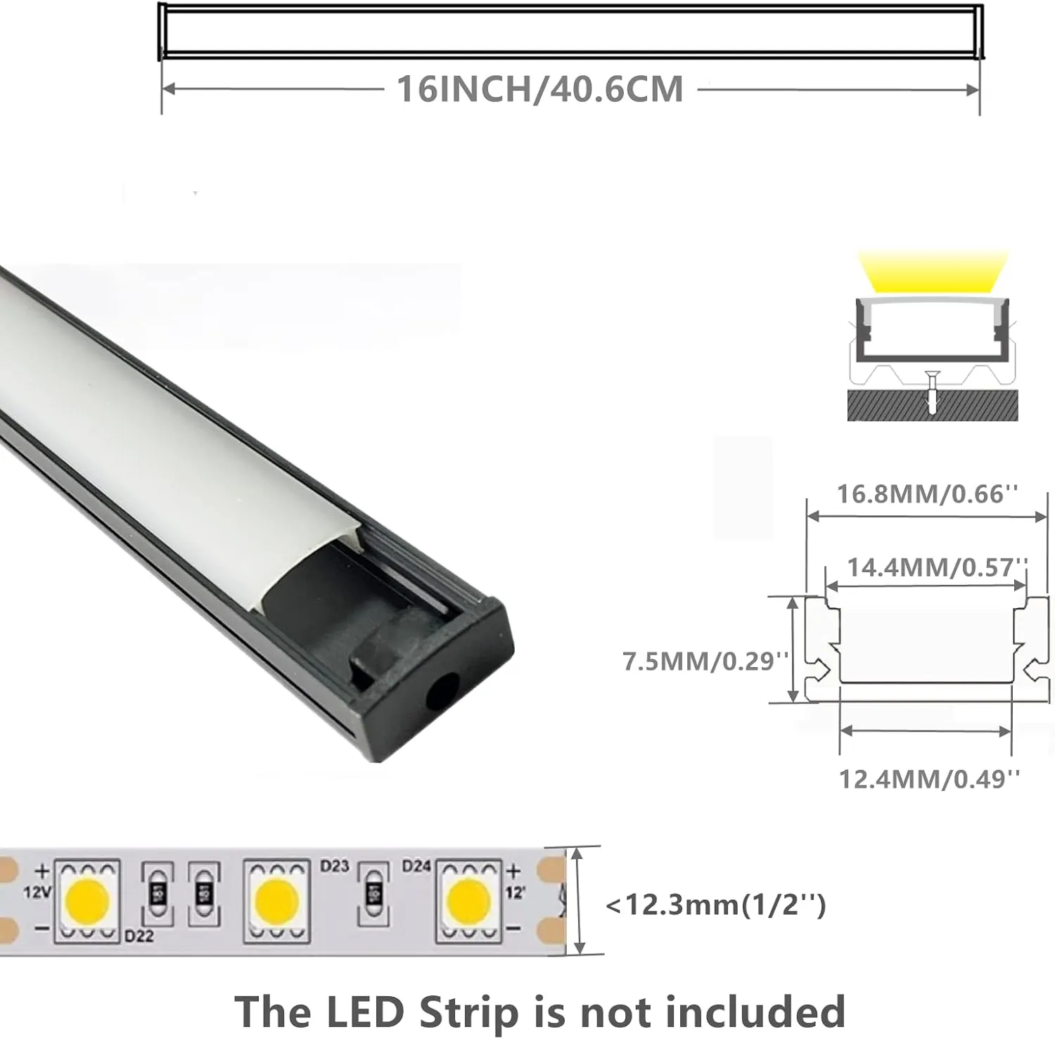 6-Pack 16-Inch U Shape Surface Mounted LED Strip Black Channel with Anti UV Diffuser - Versatile Lighting Solution for Elegant Ambiance and Enhanced Illumination