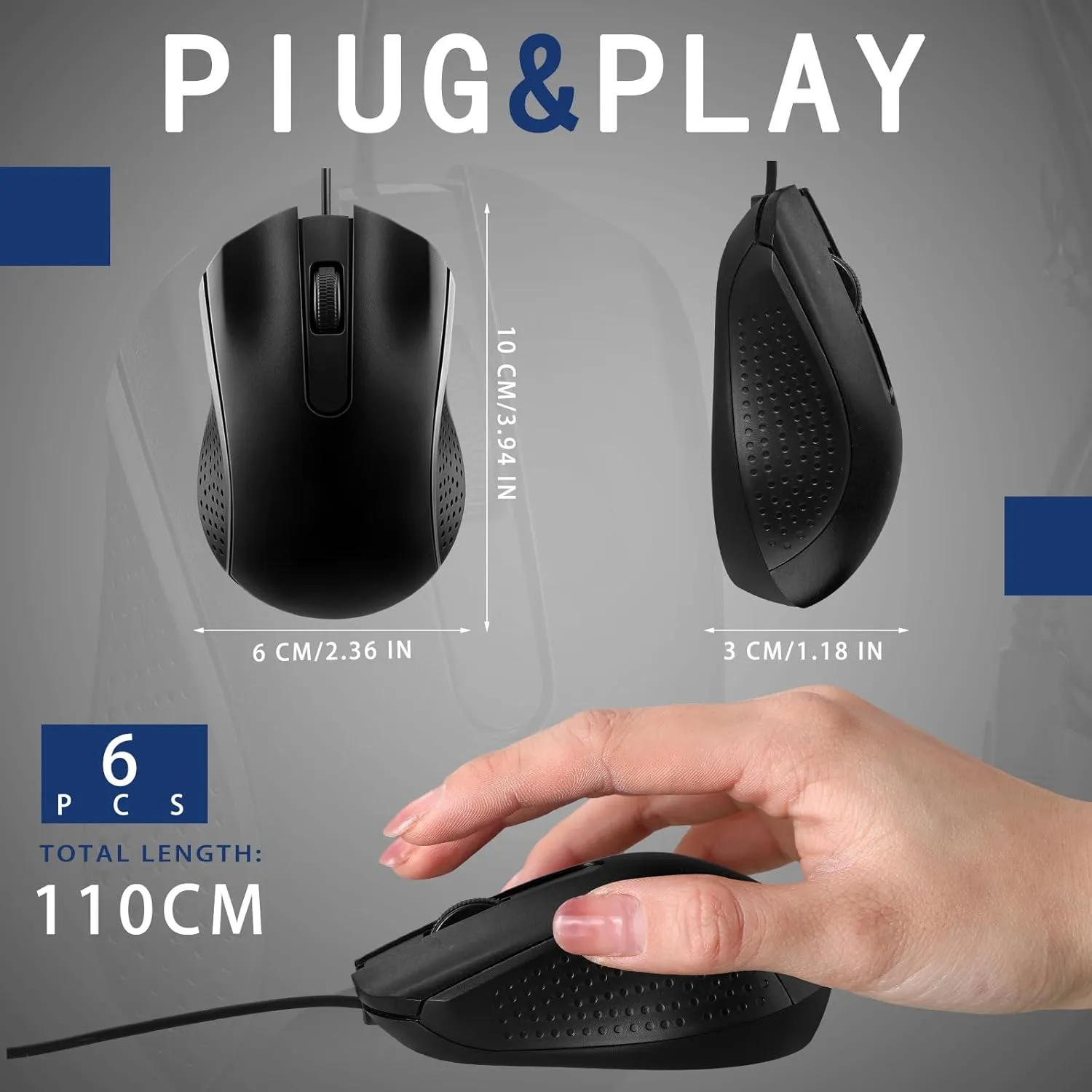 6 Pcs Wired USB Computer Mouse Bulk 3 Button Corded Wired Mouse for Laptop Desktop Computer Mice for PC Office Home Supplies, Black