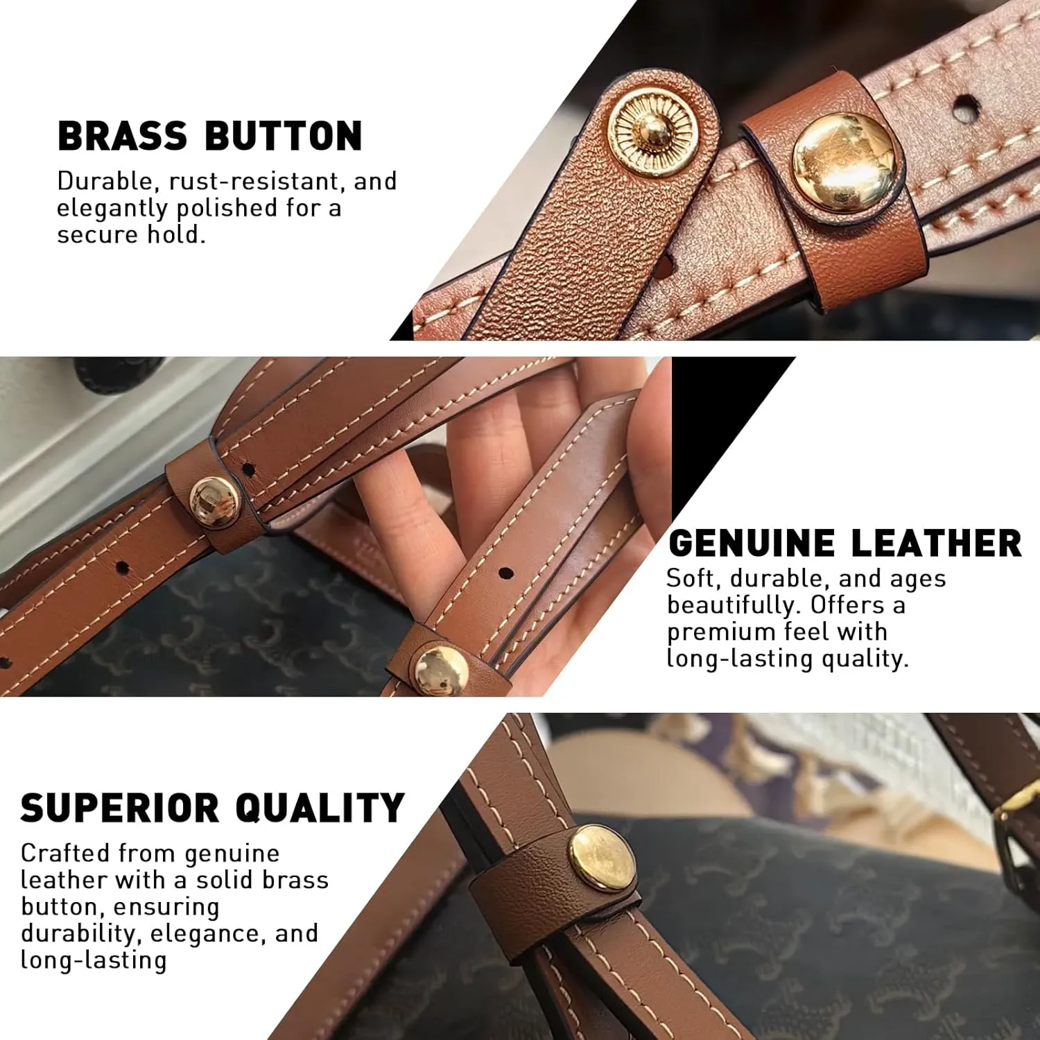 6 PU Leather Handbag Strap Shortener,Bag Protector for Handbag,with Brass Button Handle Wrap Cover for Handbags and Shoulder Bags (Black)