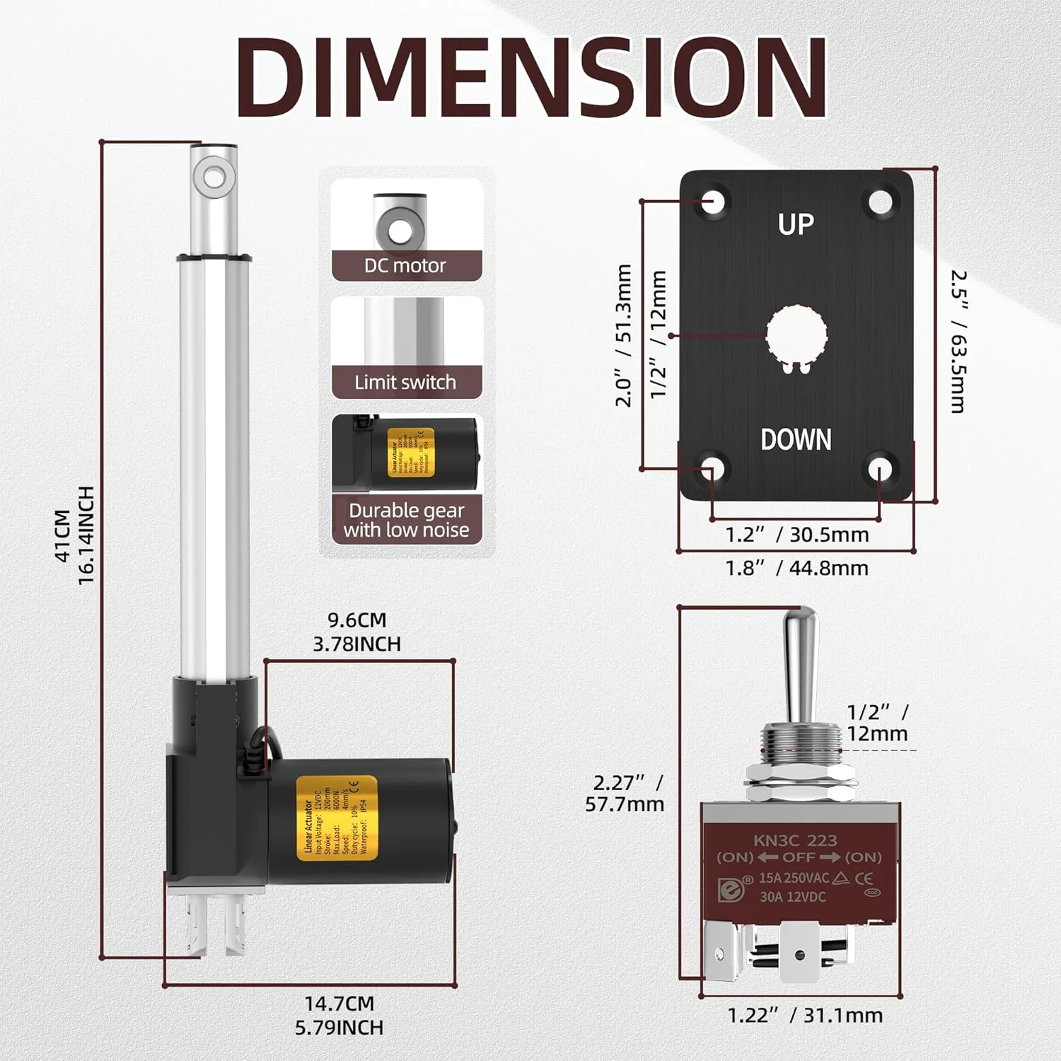 6000N 1320lb IP54 Waterproof Linear Actuator 12v Actuator Heavy Duty 8 Inch Stroke Electric Actuator with Switch