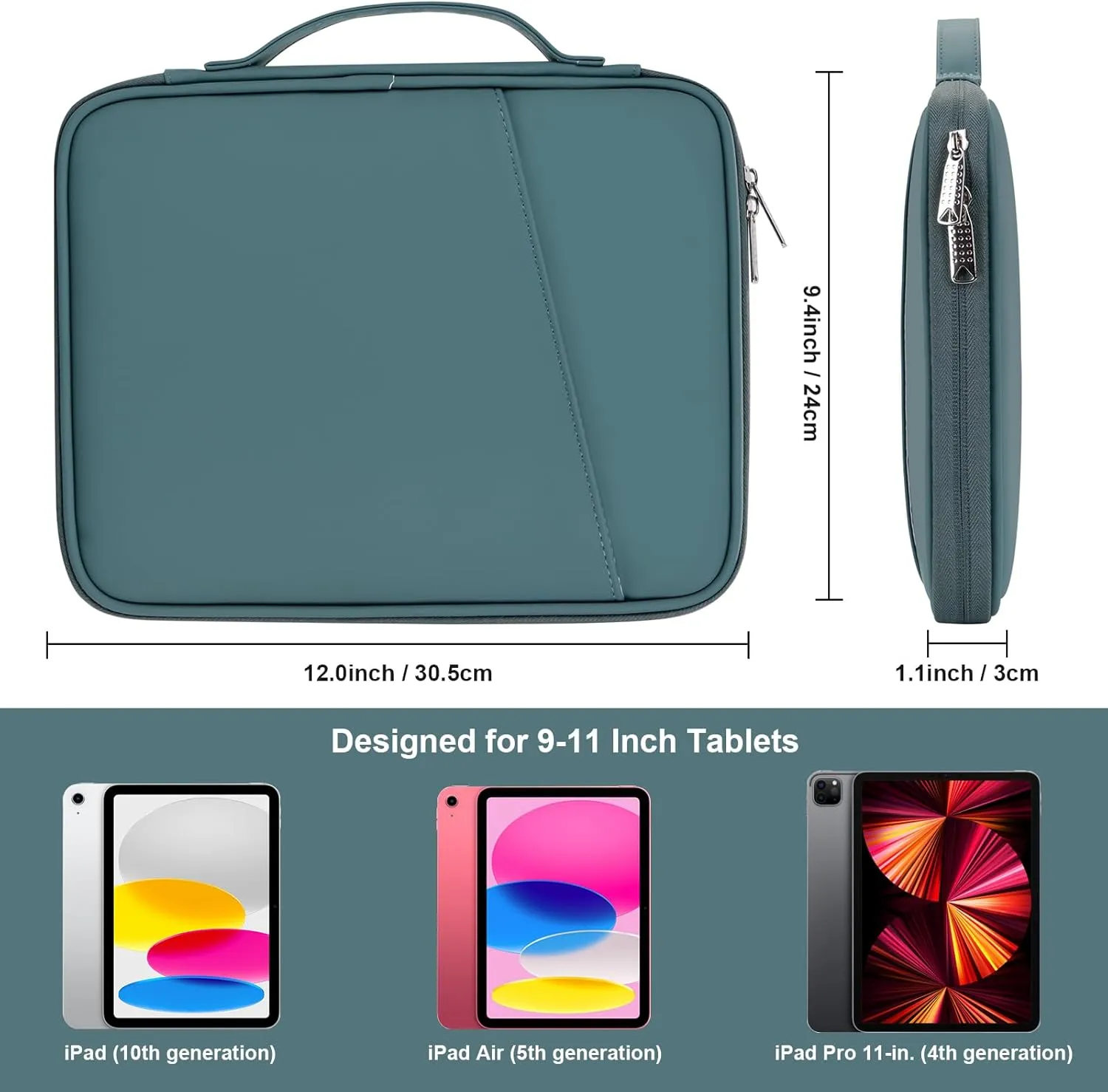 9-11 Inch Tablet Carrying Case, Padded Travel Sleeve Bag for iPad Pro 11-in (M4), iPad 10.9 (10th Gen), iPad Air 11-in (M2), Galaxy Tab S9/S8 (PU-Teal Blue11)